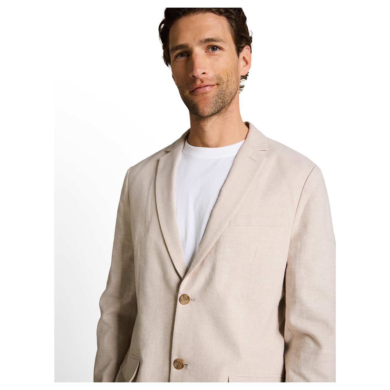 Herren Leinen Sakko Cotton Linen Blazer von Tom Tailor in Beige meliert, detaillierte Vorderansicht am Model