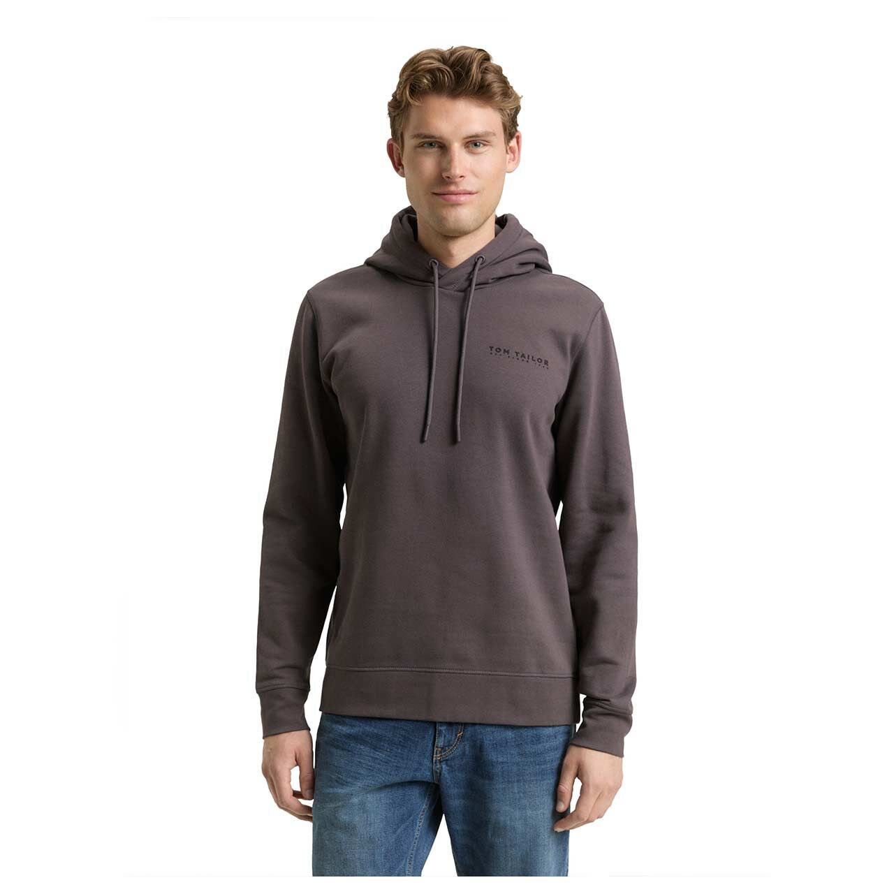Herren Hoodie Sweatshirt Basic von Tom Tailor in Dunkelgrau, Vorderansicht am Model