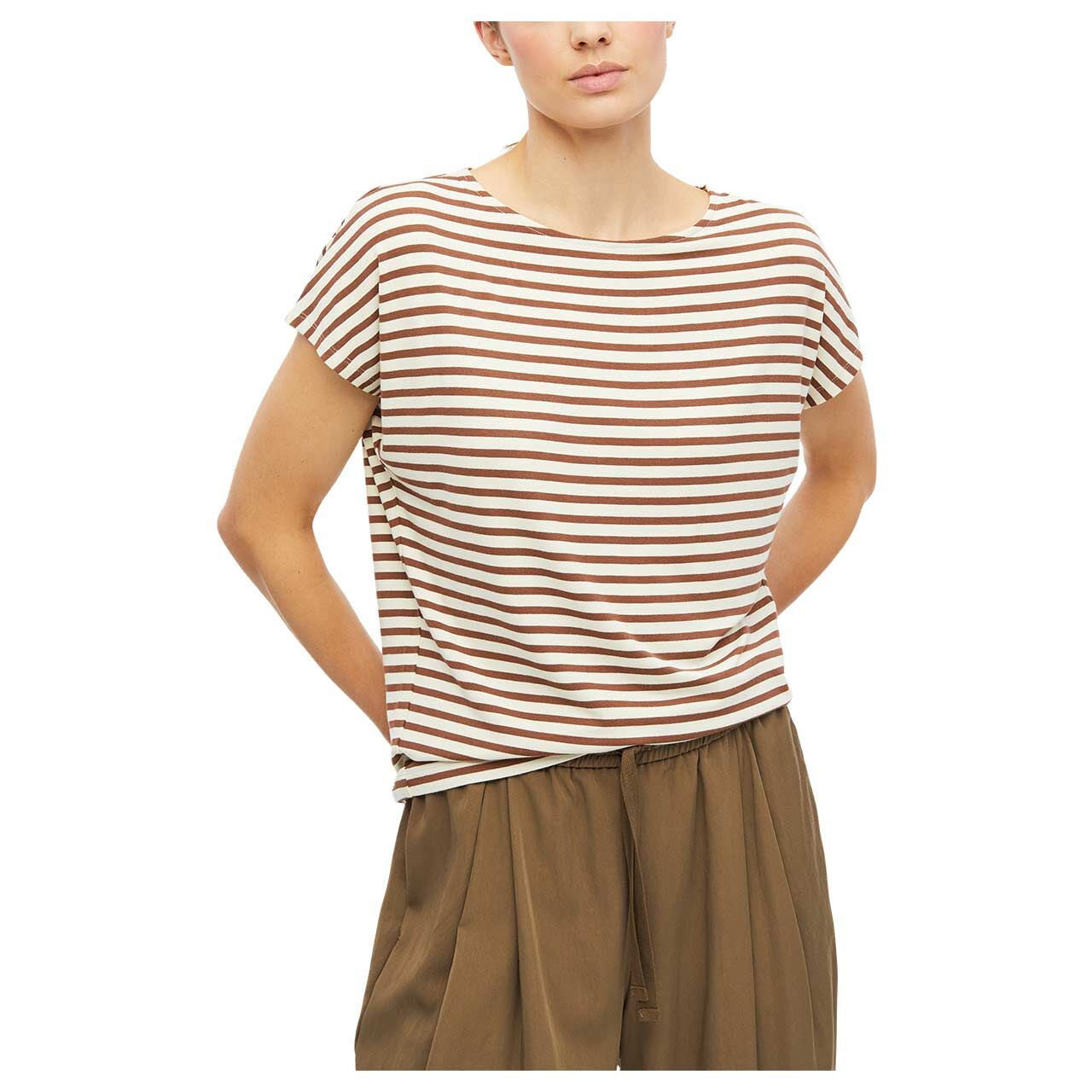 s. Oliver Damen T-Shirt in Braun gestreift, Vorderansicht am Model