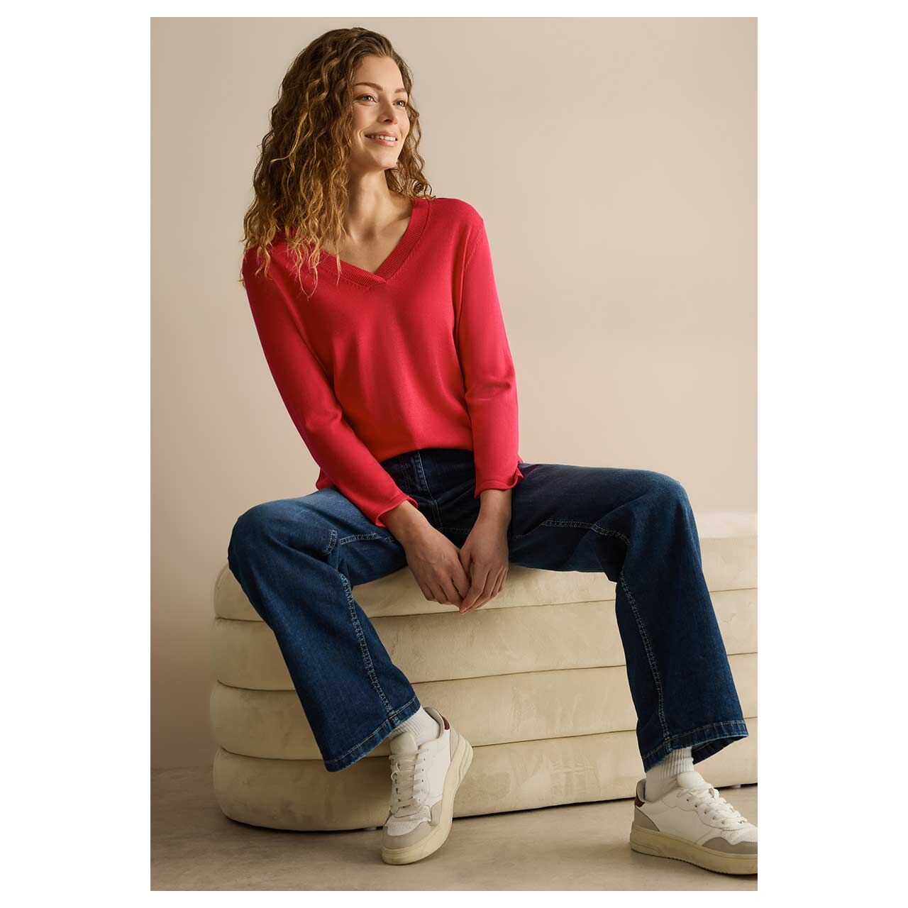 Cecil Damen 3/4 Arm Pullover V-neck Sweater granita red