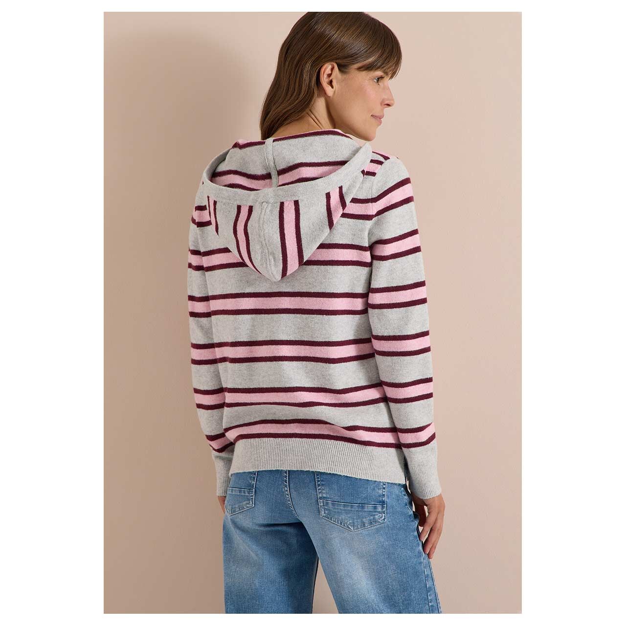 Damen Hoodie Pullover Cosy Striped von Cecil in Hellgrau gestreift, Rückansicht am Model