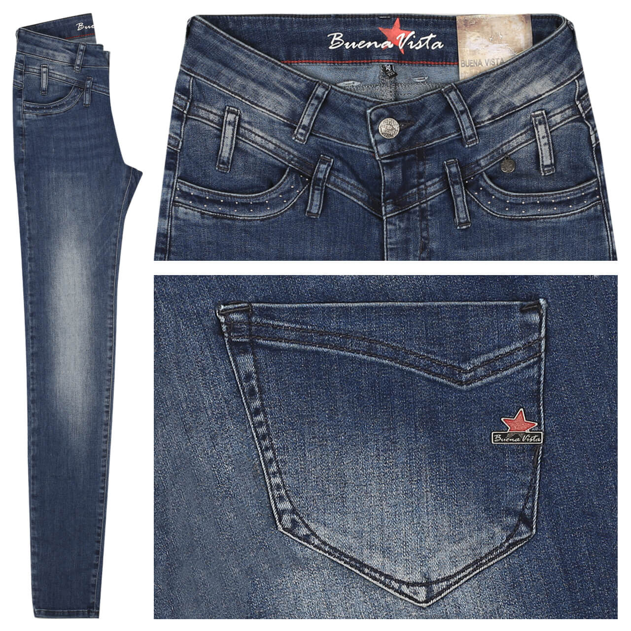 Buena Vista Jeans Florida Stretch Denim für Damen in Mittelblau verwaschen mit Nieten und Destroyed-Effekten, FarbNr.: 2403