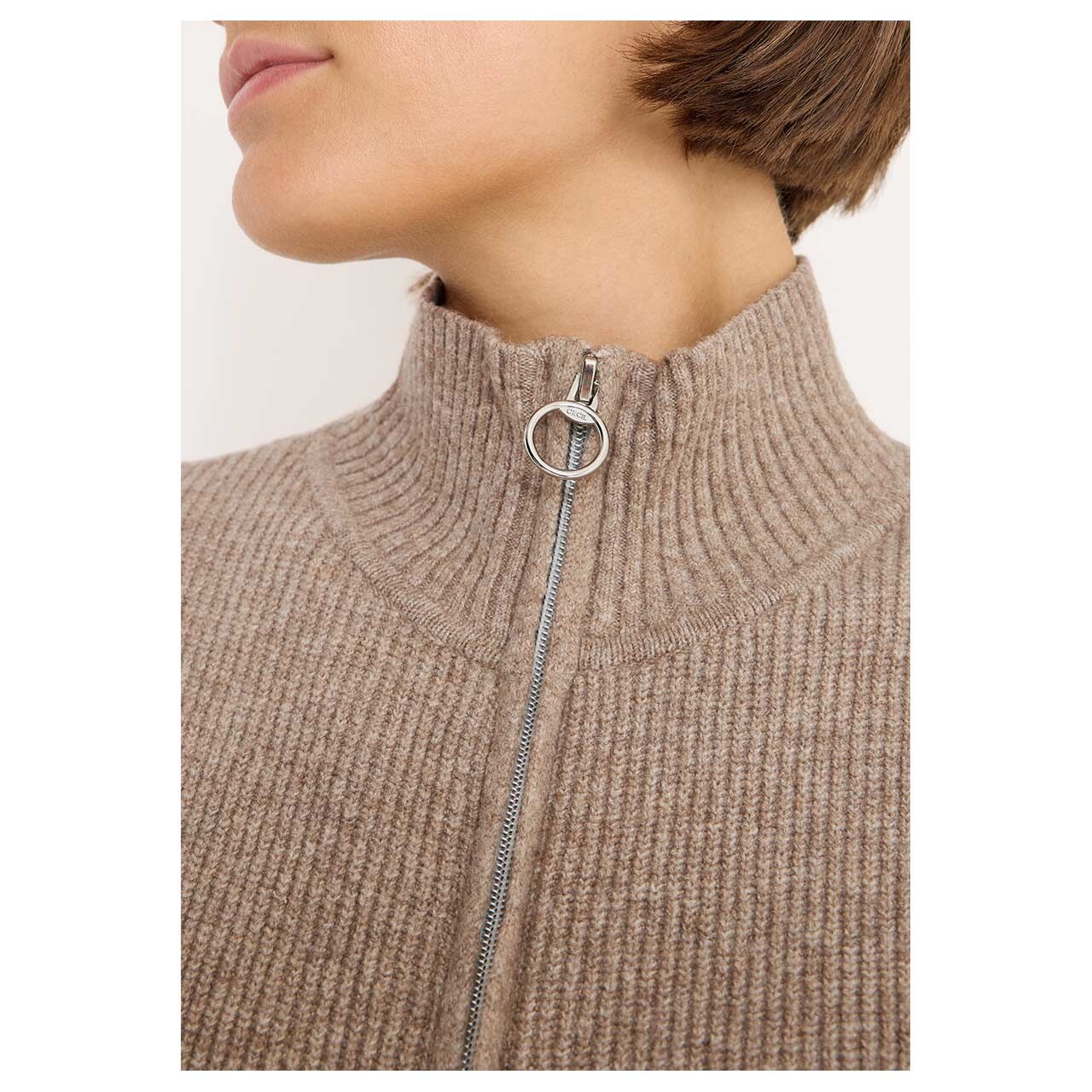 Damen Weste Cosy Rib Mix Vest von Cecil in Beige meliert, Detailansicht Reißverschluss
