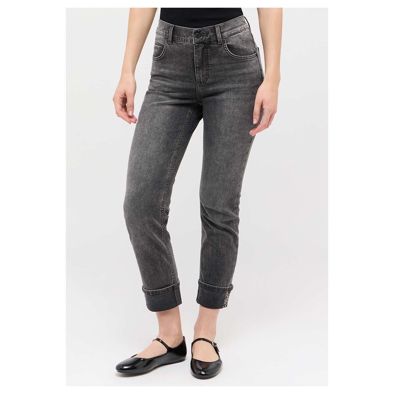 Damen 7/8 Jeans Cici Crop Glam von Angels in Grau verwaschen mit Strass, Vorderansicht am Model