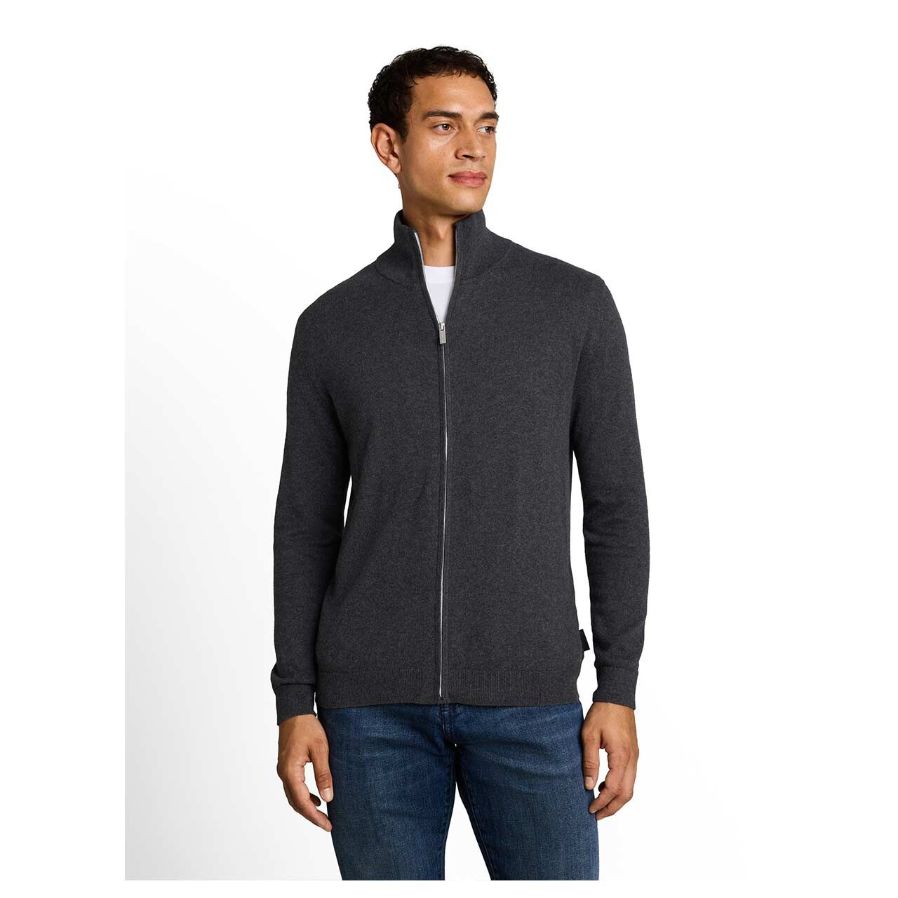 Herren Strickjacke Cashmere Zip Jacket von Tom Tailor in Dunkelgrau meliert, Vorderansicht am Model