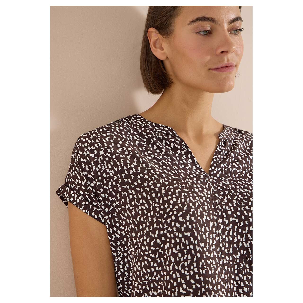 Cecil Damen Kurzarm Bluse Minimal Print brown cacao