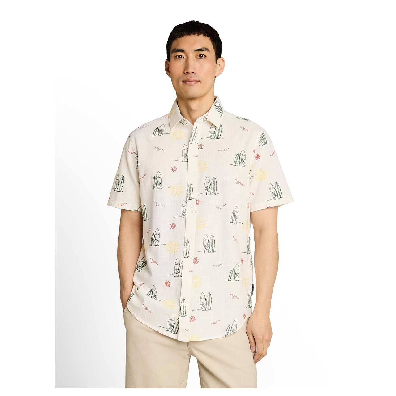 Herren 1/2 Arm Hemd von Tom Tailor in Cremeweiß mit Print, Vorderansicht am Model