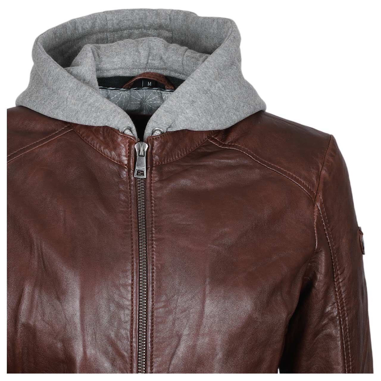 Damen Lederjacke Alva von Mauritius in Braun, detaillierte Vorderansicht geschlossen
