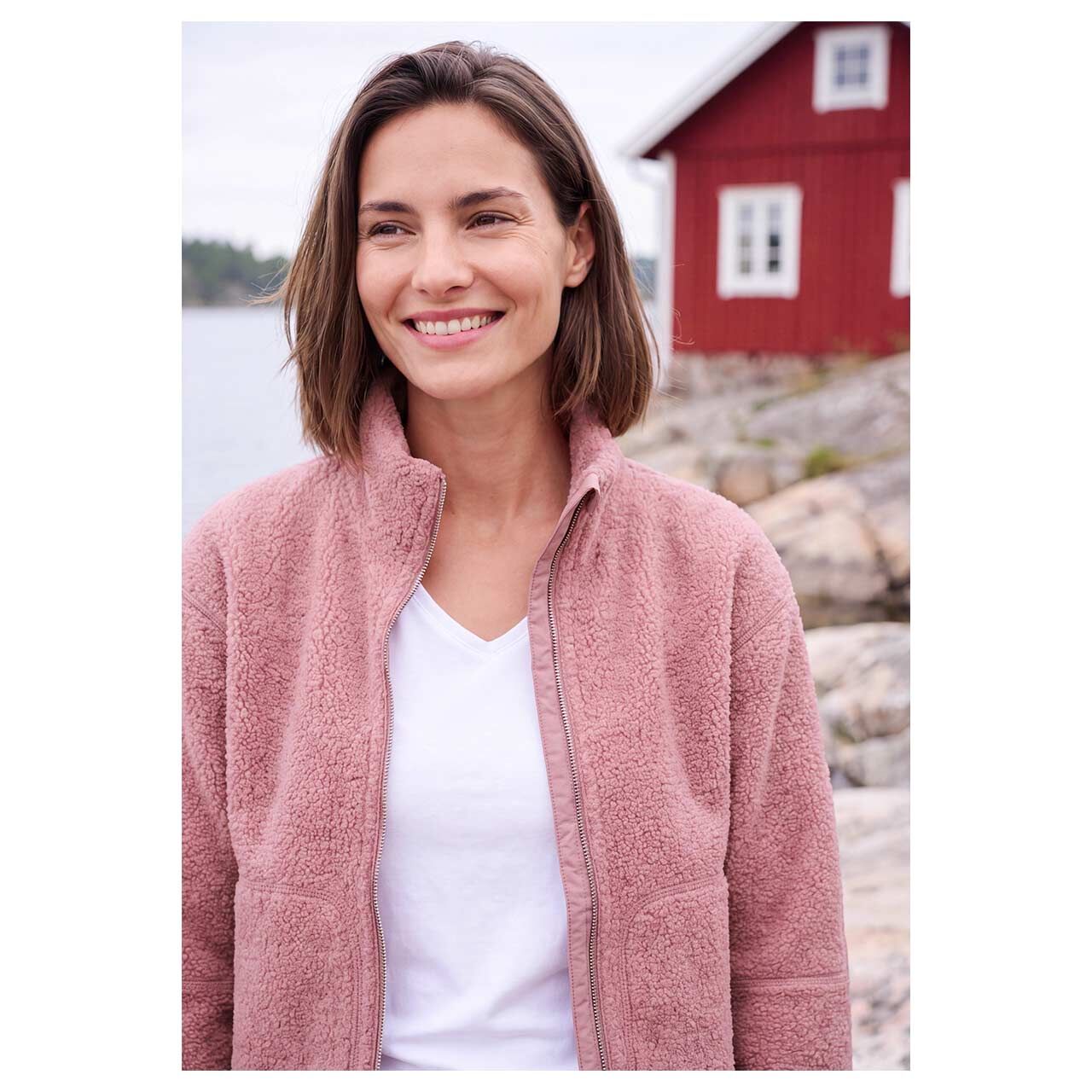 Damen Teddyjacke Basic Jacket von Cecil in Rosa, detaillierte Vorderansicht am Model
