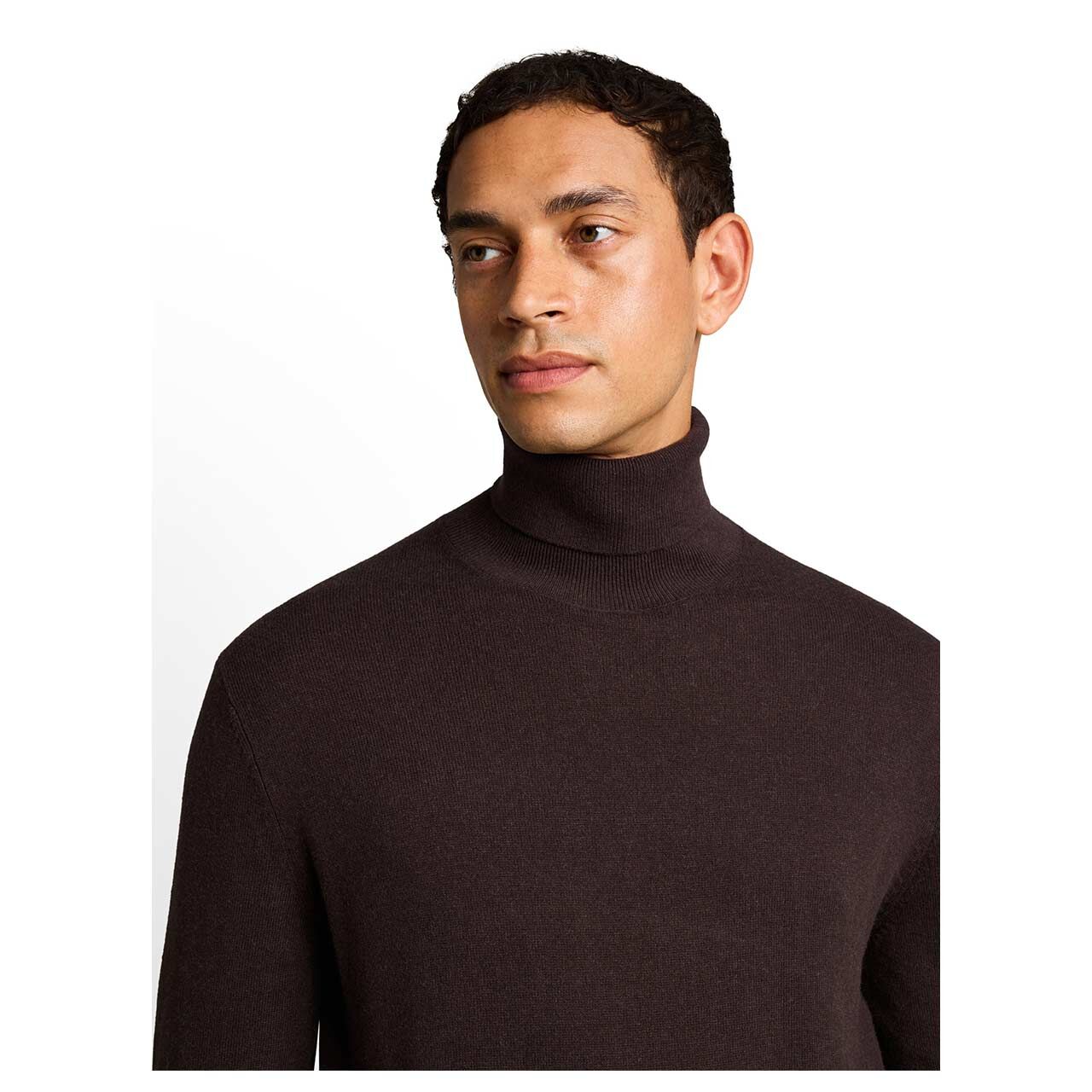 Herren Rollkragen Pullover Cashmere Turtleneck Knit von Tom Tailor in Dunkelbraun meliert, Detailansicht am Model