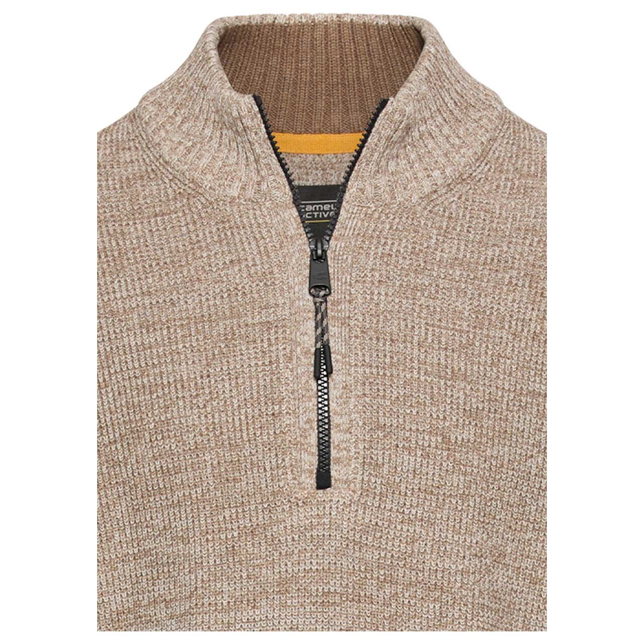 Herren Pullover Troyer von Camel active in der Farbe Beige meliert, detaillierte Vorderansicht Kragen