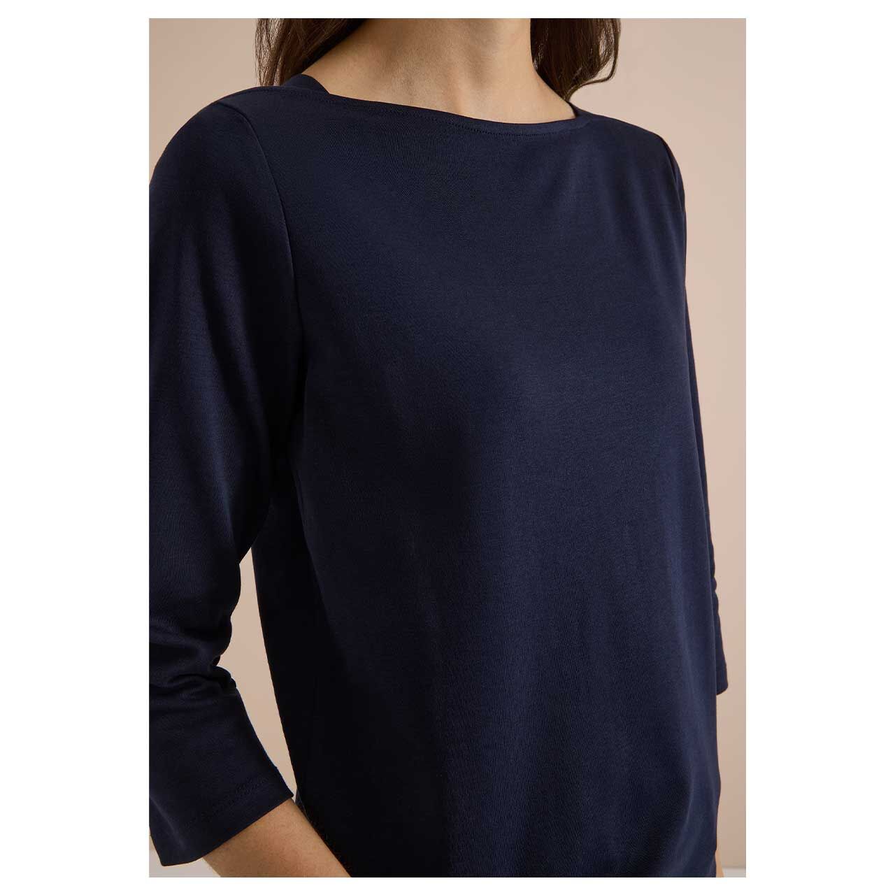 Damen 3/4 Arm Shirt Basic Boatneck von Cecil in Dunkelblau, detaillierte Vorderansicht am Model