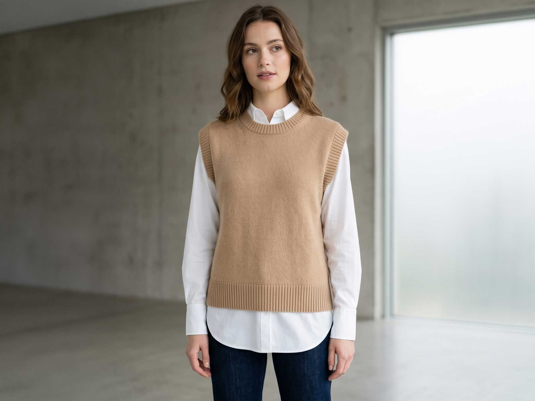 Eine Frau trägt einen beigen Pullunder über einer weißen Bluse und kombiniert ihn mit einer dunklen Damenjeans.