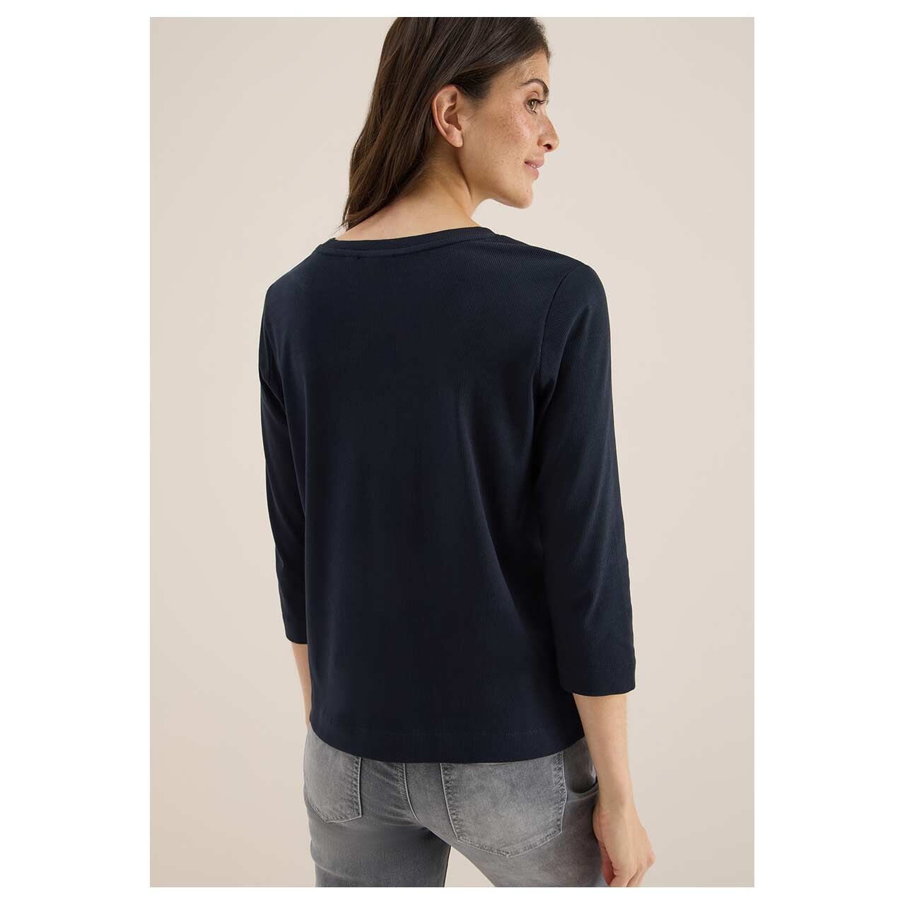 Damen 3/4 Arm Shirt Solid Rib von Cecil in Dunkelblau, Rückansicht am Model