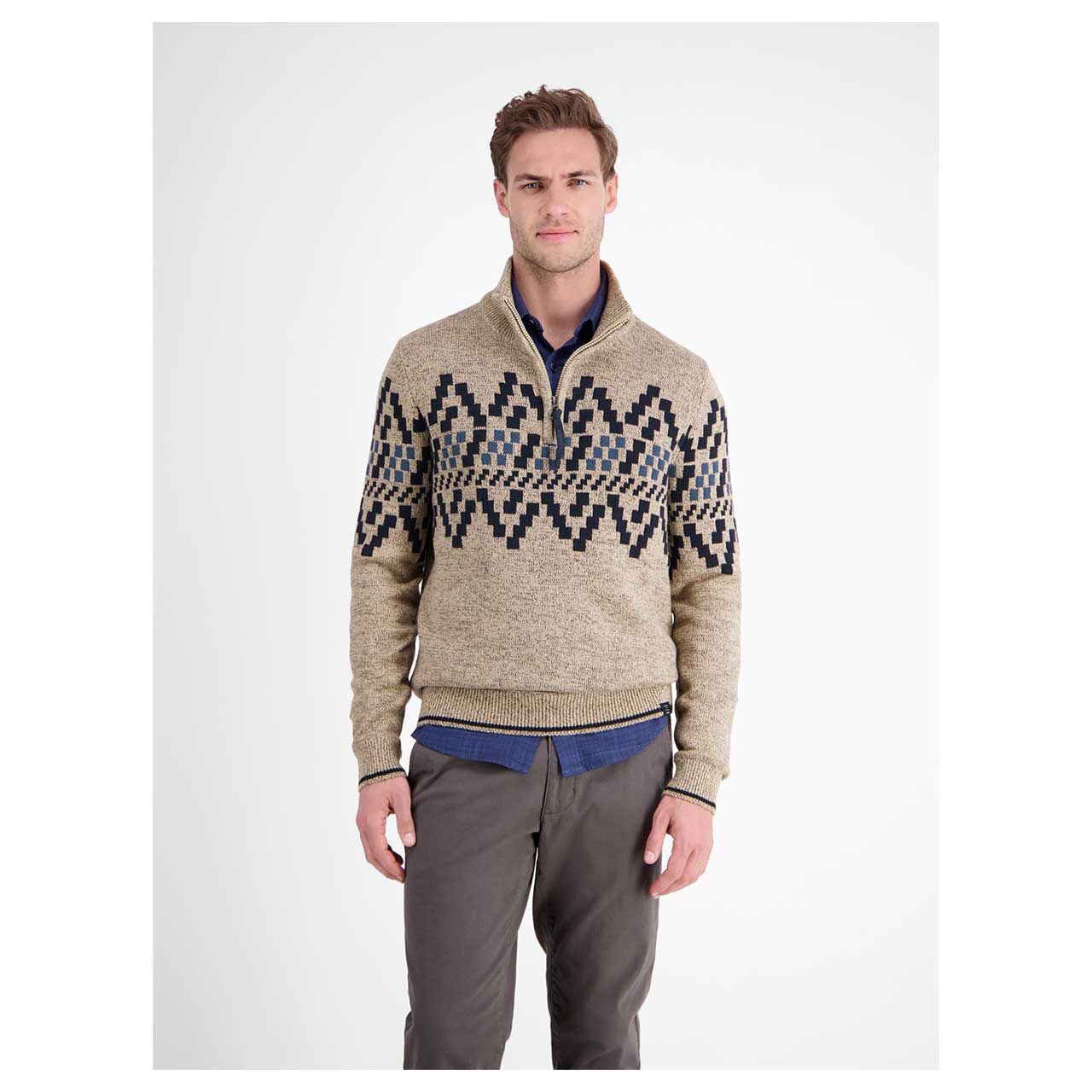 Herren Pullover Troyer von Lerros in Beige meliert mit Print, Vorderansicht am Model
