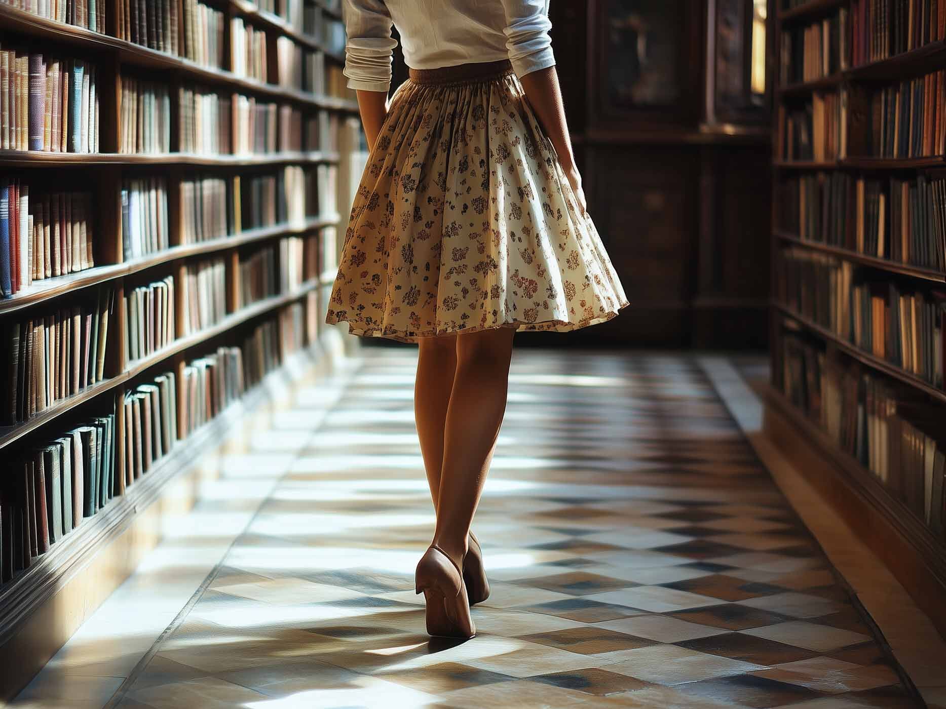 Eine Frau in einem Rock geht durch eine Bücherei