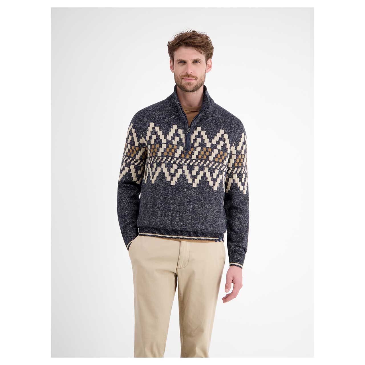 Herren Pullover Troyer von Lerros in Dunkelblau meliert mit Print, Vorderansicht am Model