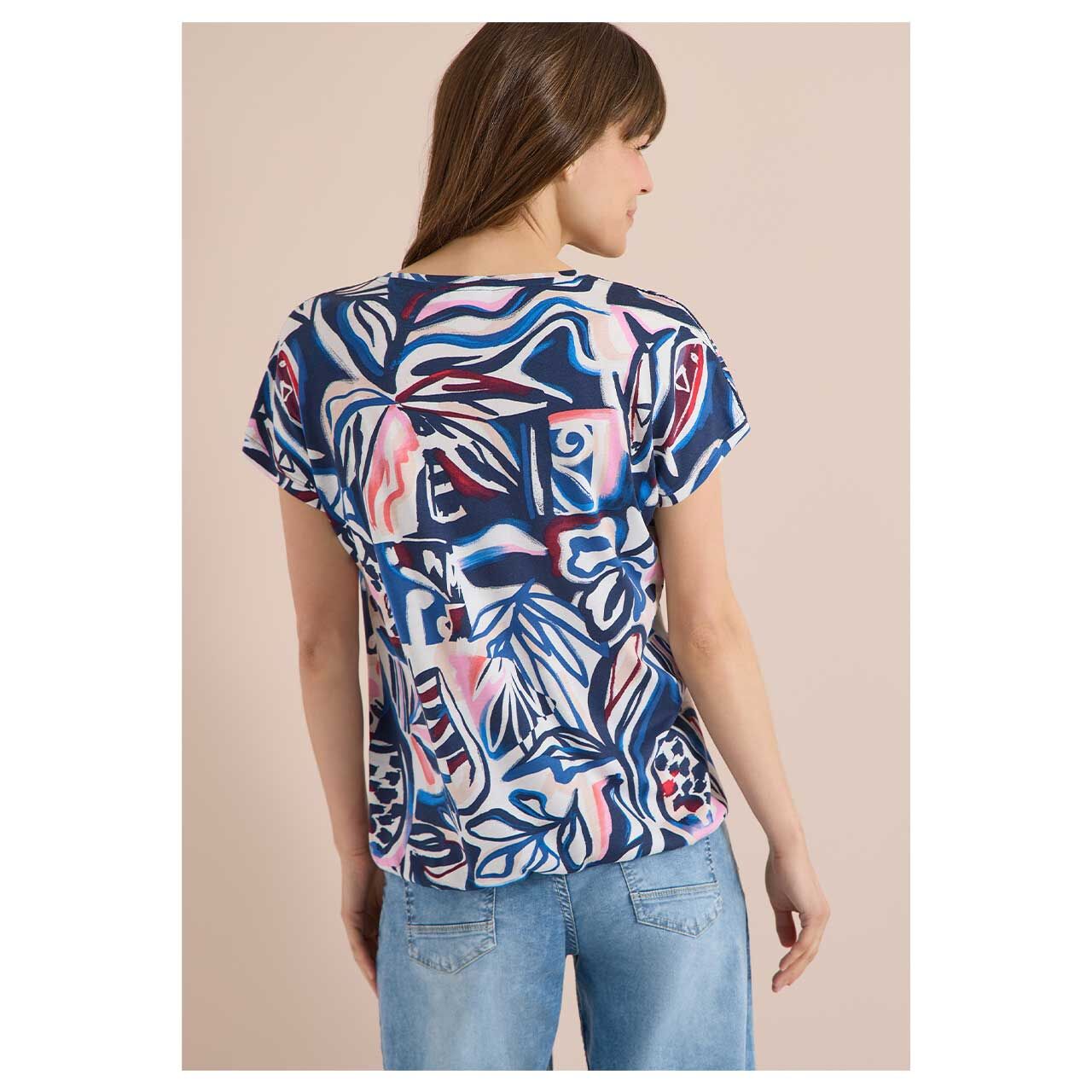 Damen T-Shirt Multi Lace Shoulder von Cecil in Dunkelblau mit Print, Rückansicht am Model