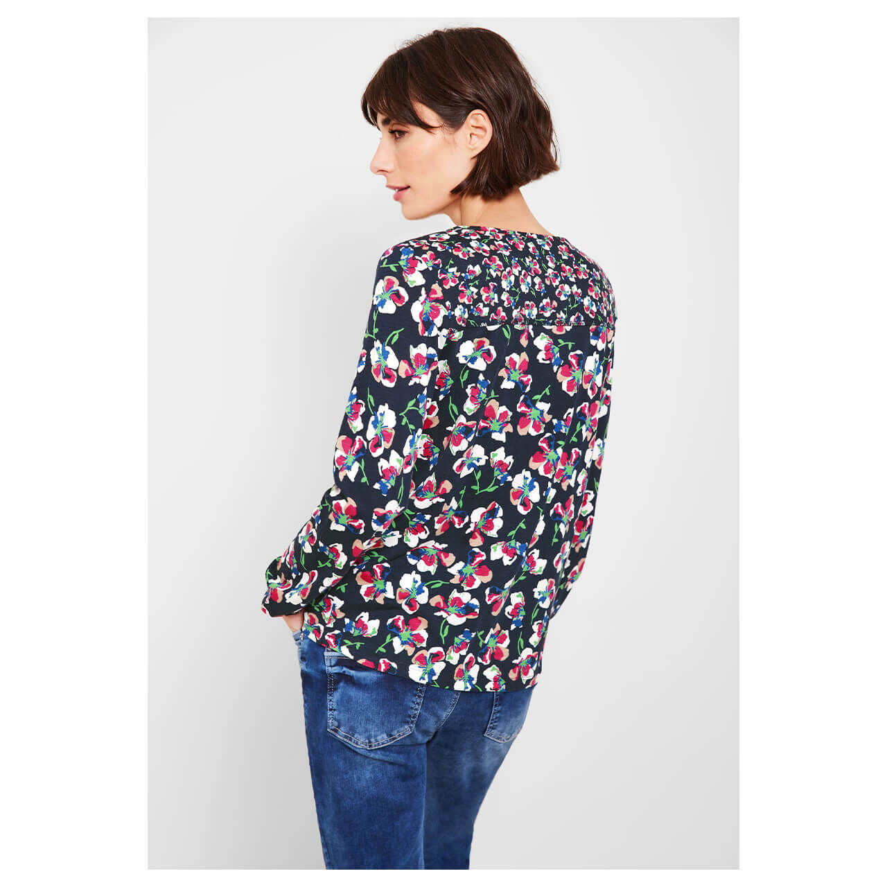 Cecil Flower Patch Tunic Langarm Shirt deep blue