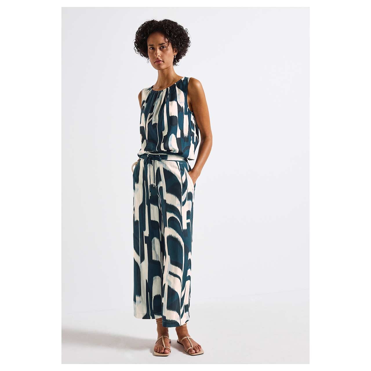 Damen 7/8 Hose Emee Wide Leg von Street One in Petrol mit Print, Ganzkörperanswicht mit kombinierter Bluse