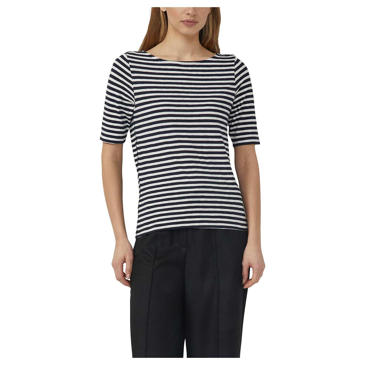 s. Oliver Damen T-Shirt in Dunkelblau gestreift mit der Farbnummer 59G3, Vorderansicht Model