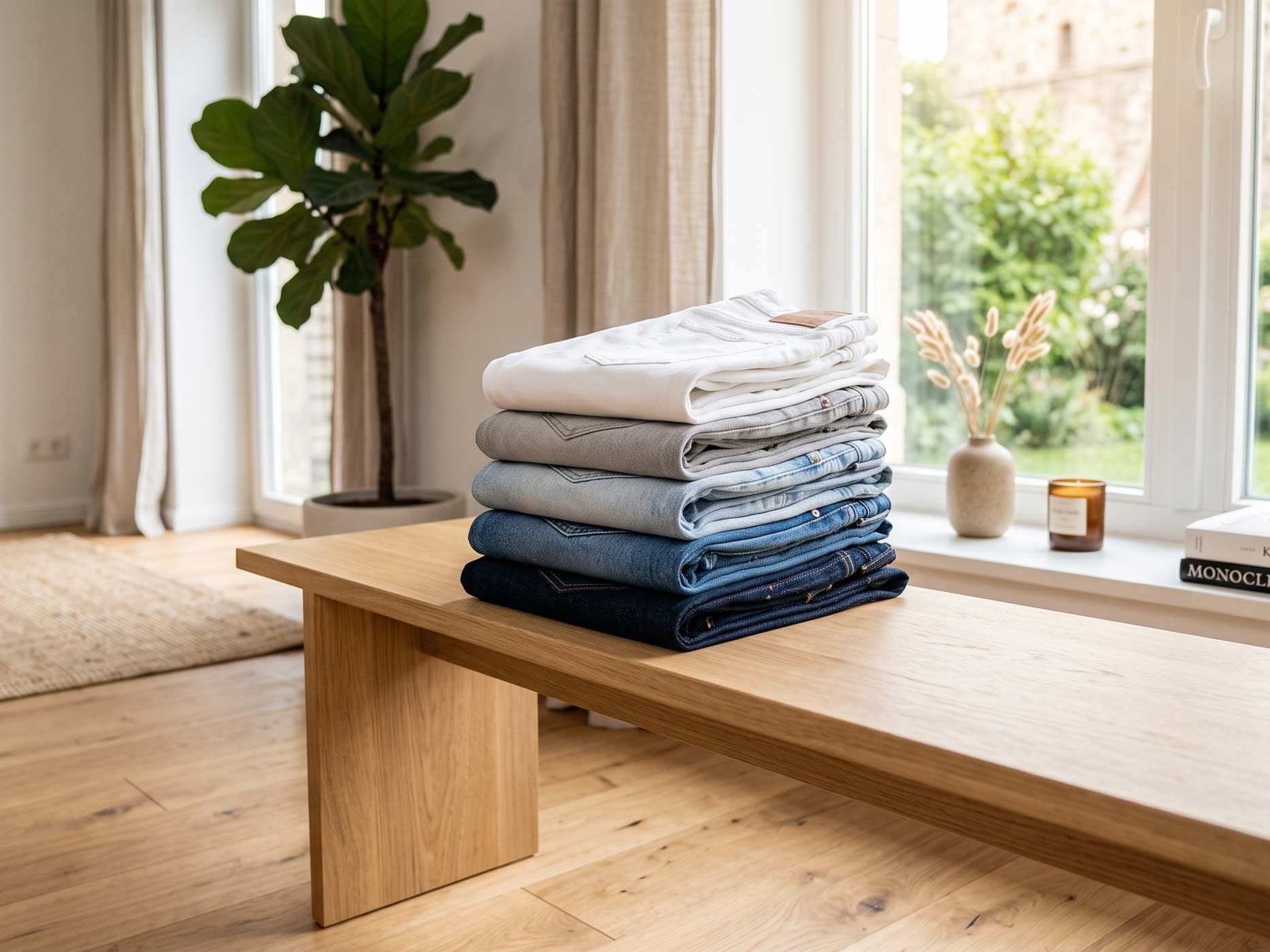 Ein Stapel gefalteter Jeans in verschiedenen Farben und Waschungen zeigt, dass wenige hochwertige Modelle für einen gut sortierten Kleiderschrank oft ausreichen.