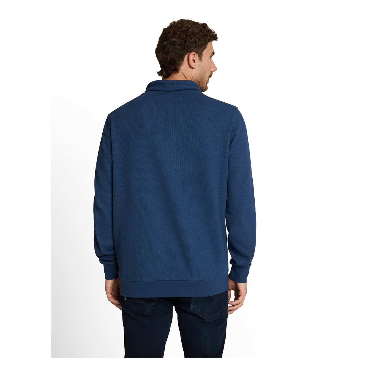 Herren Pullover Structured Snood von Tom Tailor in Dunkelblau, Rückansicht am Model
