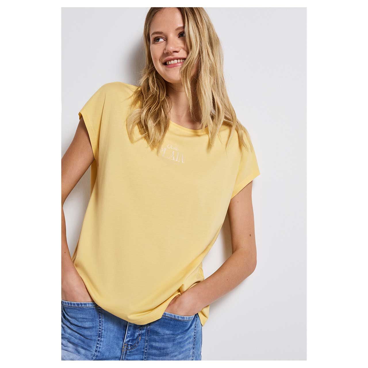 Damen T-Shirt Basic Partprint von Street One in Gelb, Nahansicht am Modell