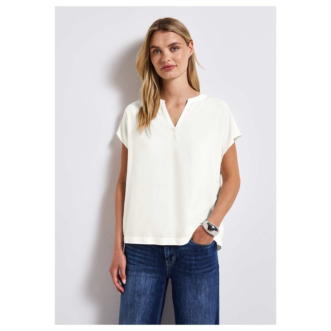 Street One Damen Kurzarm Bluse Splitneck solid white