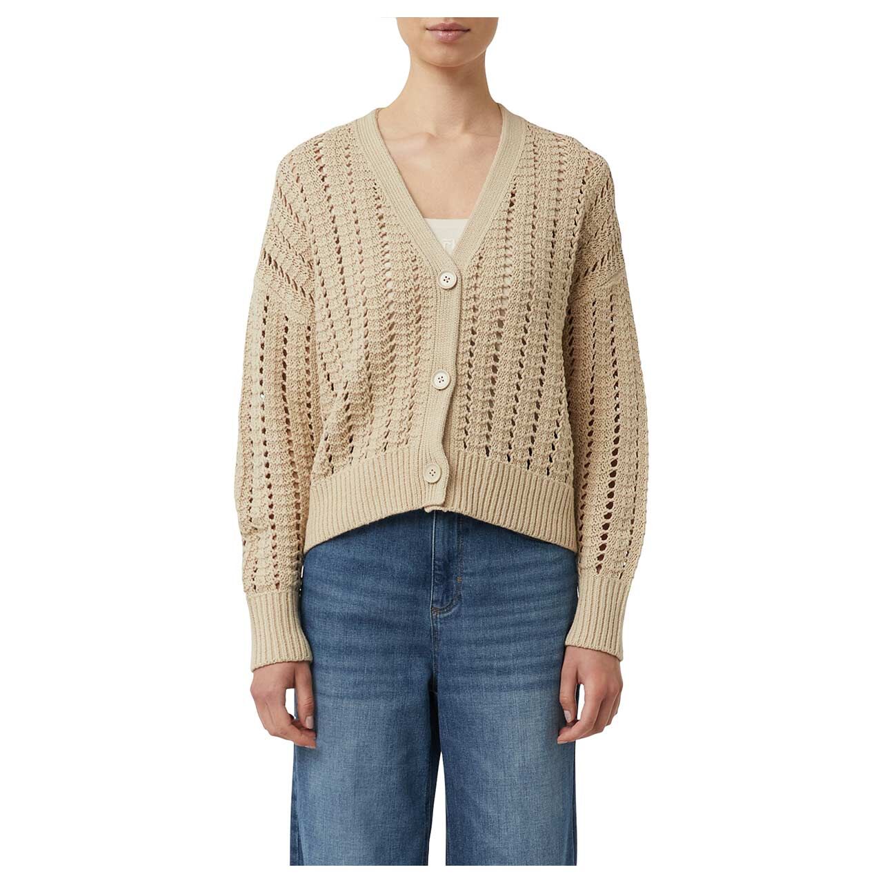 Damen Strickjacke von Comma in Beige, Detail Vorderansicht Model