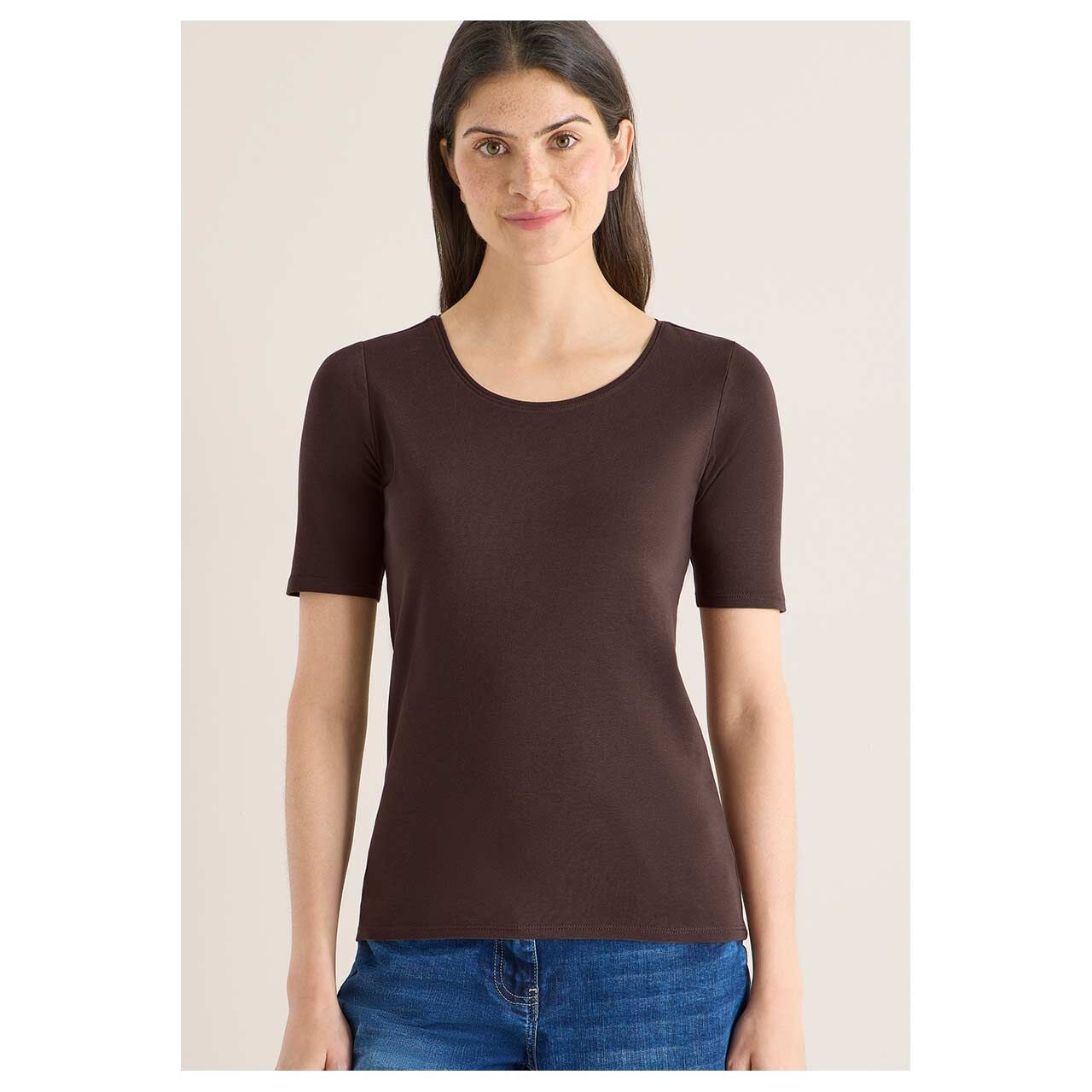 Damen T-Shirt Lena von Cecil in Dunkelbraun, Vorderansicht am Model