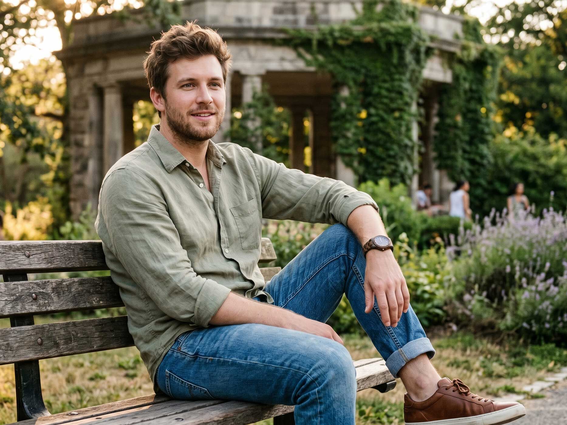 Ein Mann sitzt entspannt auf einer Holzbank im Park und tr&auml;gt ein locker ge&ouml;ffnetes olivgr&uuml;nes Herrenhemd mit hochgekrempelten &Auml;rmeln zu blauen Jeans und braunen Sneakern.