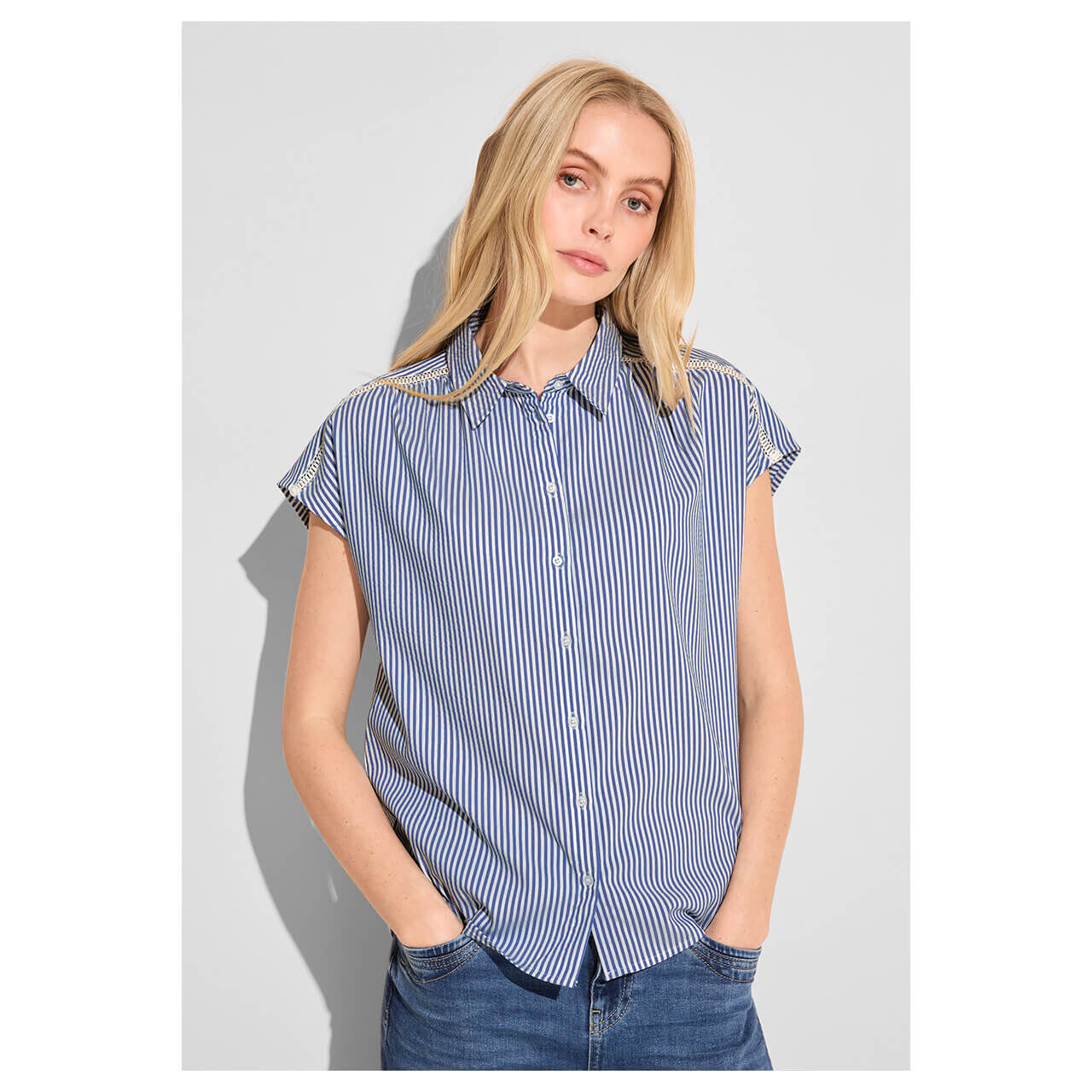 Street One Damen Kurzarm Bluse Striped Shirtcollar original blue