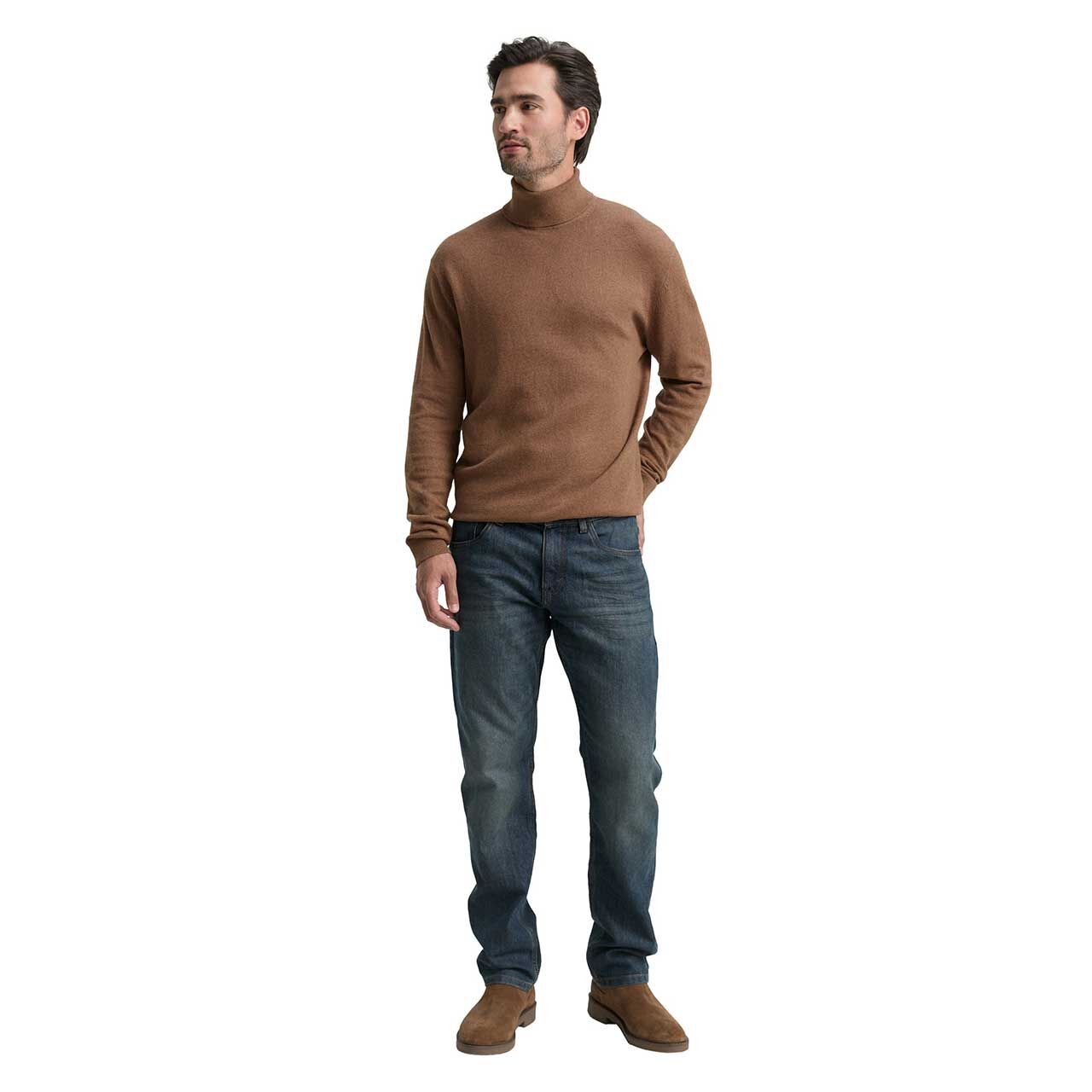 Herren Pullover Cashmere Turtleneck Knit von Tom Tailor in Braun meliert, Ganzkörperansicht am Model