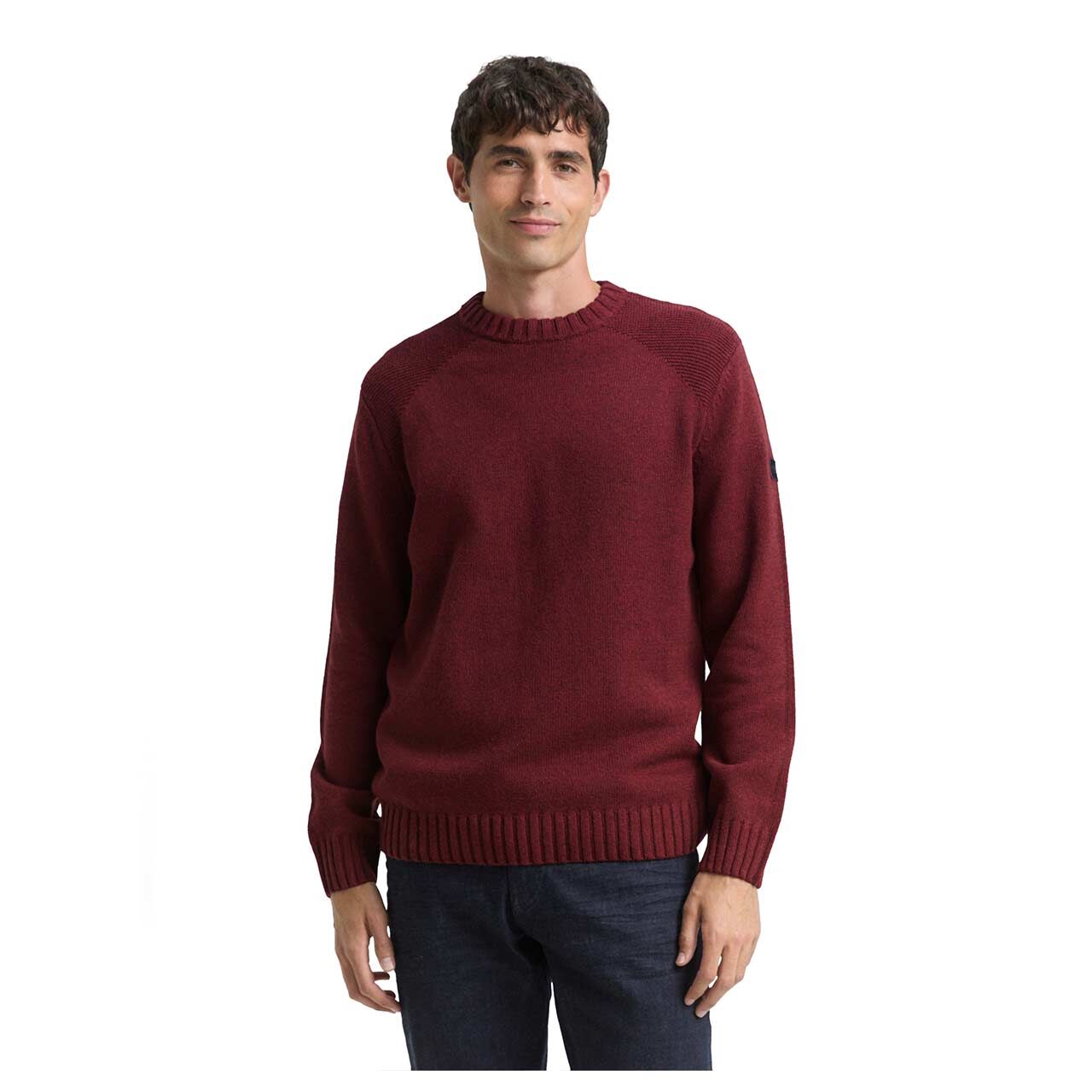 Herren Pullover Structure Mix Crew Neck von Tom Tailor in Weinrot meliert, Vorderansicht am Model