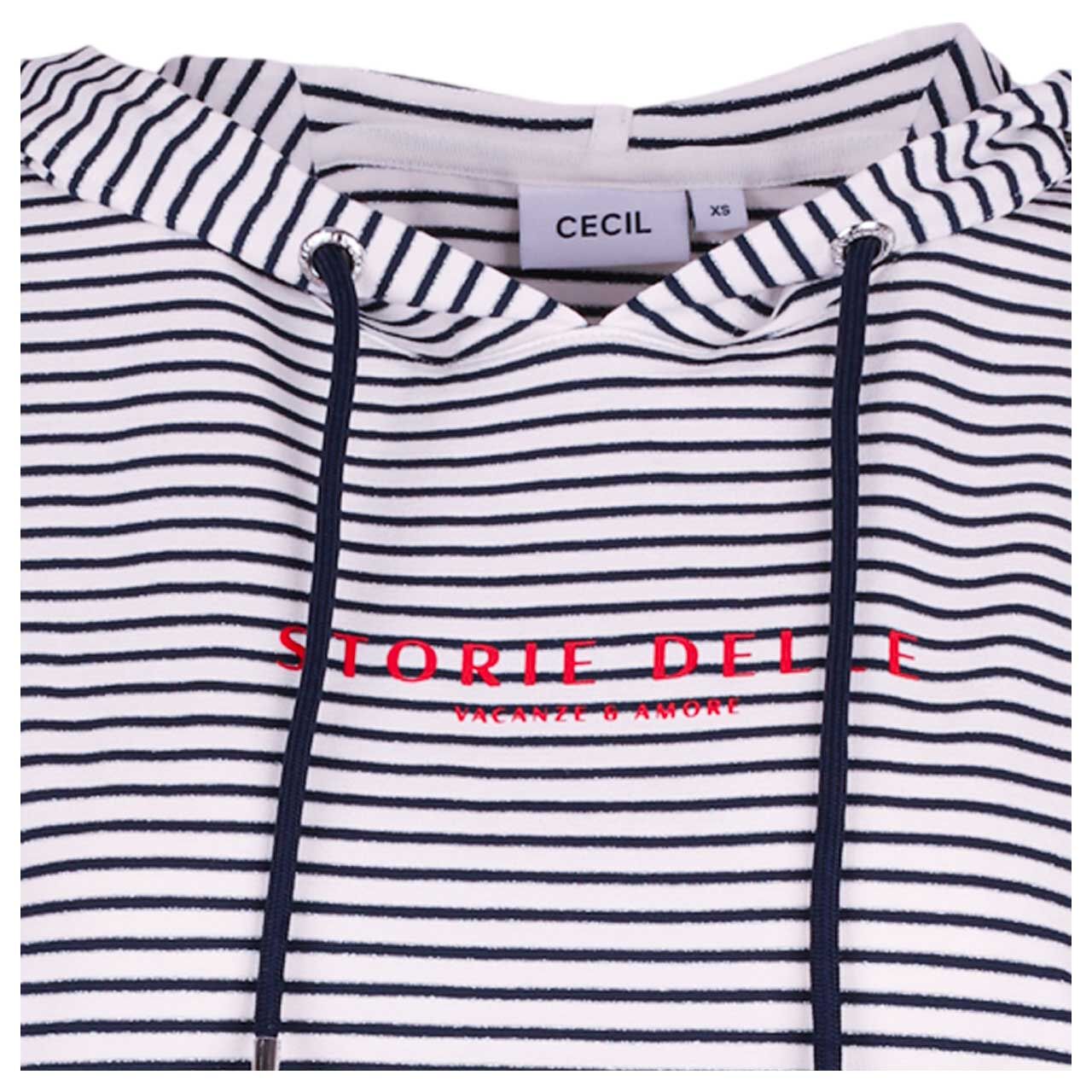 Detailansicht des Damen T-Shirt Hoodies von Cecil in Weiß gestreift mit Print