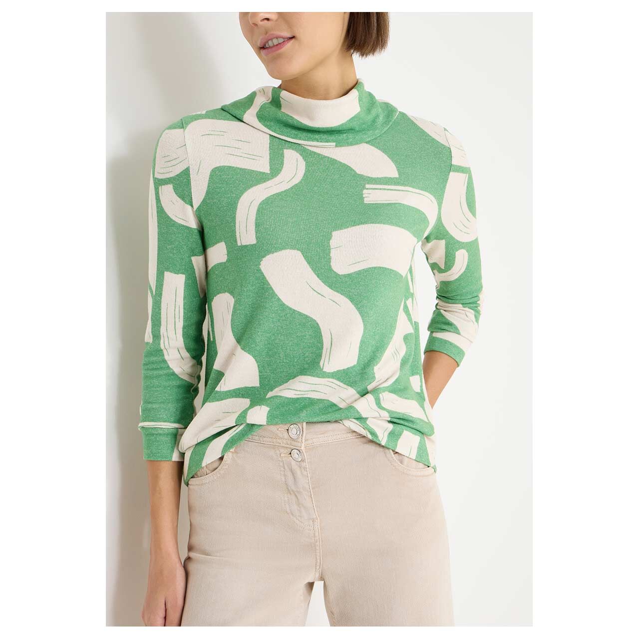 Damen Pullover Cozy Big Collar von Cecil in Hellgrün mit Print, Vorderansicht am Model