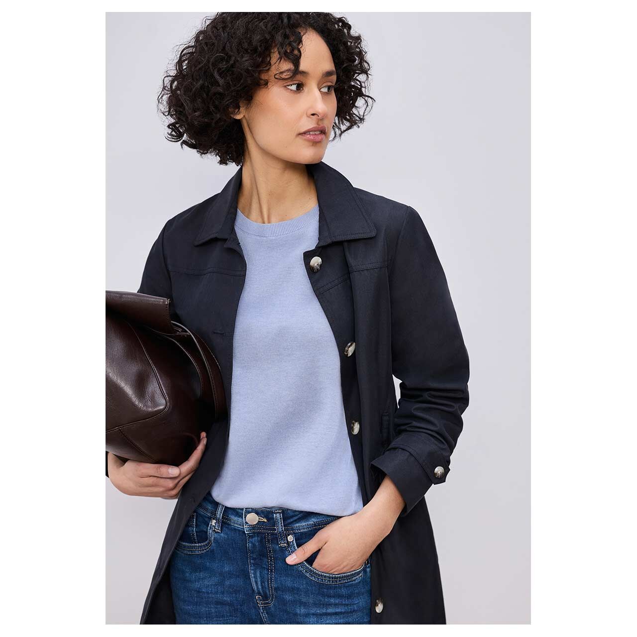 Damen Kurzarm Pullover Short Sleeve von Street One in Hellblau meliert, Vorderansicht am Model