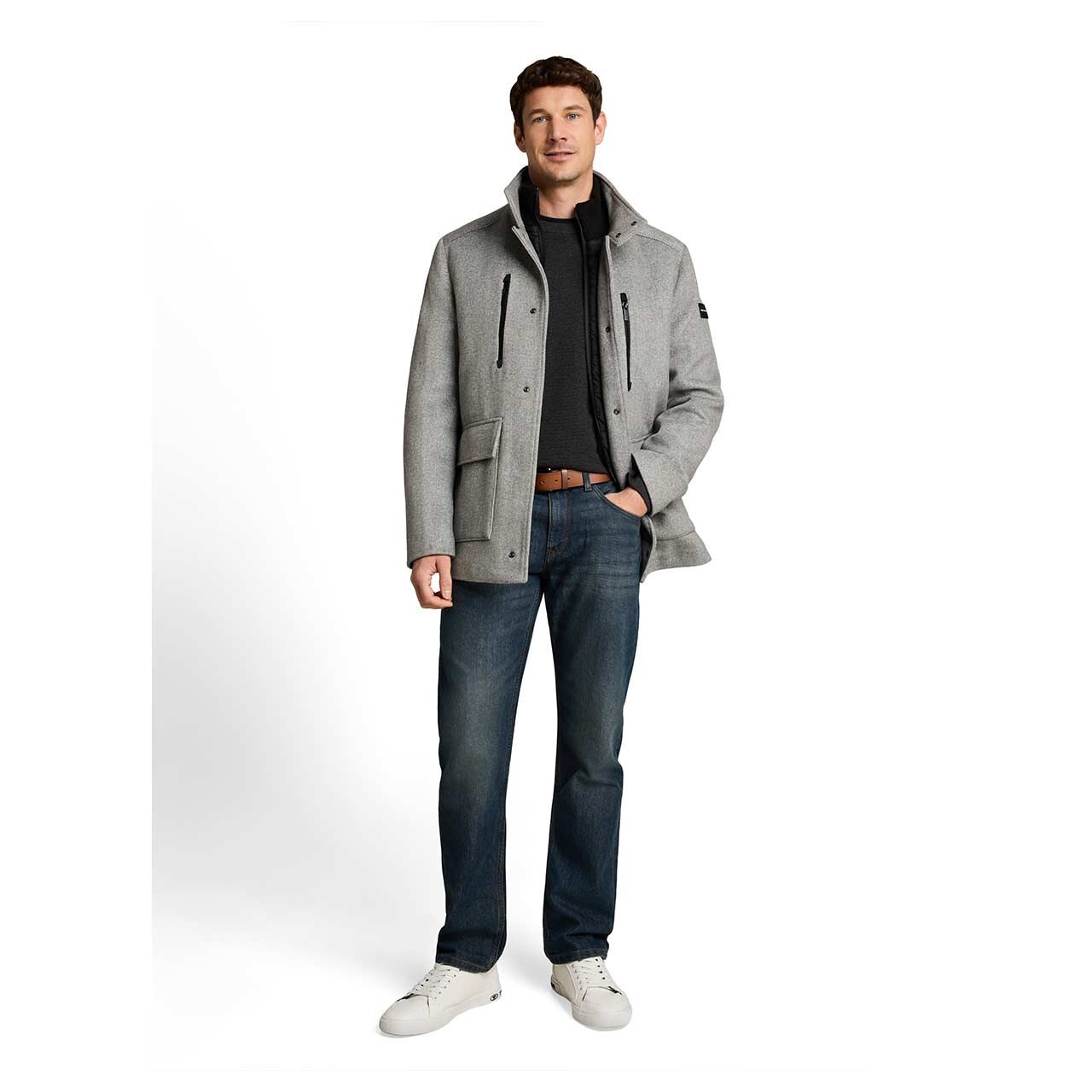 Herren Mantel Wool Coat 2 in 1 von Tom Tailor in Grau meliert, Ganzkörperansicht