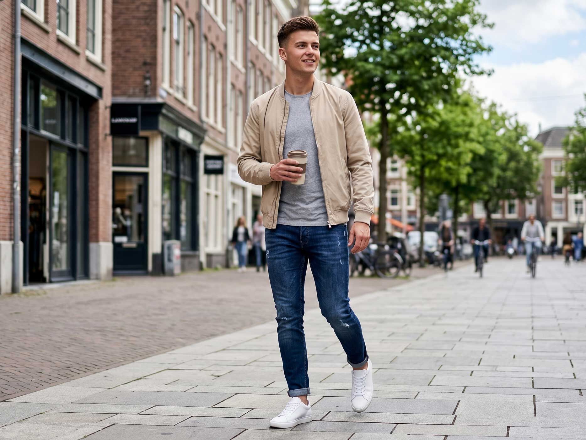 Ein Mann l&auml;uft mit einer dunkelblauen Jeans, einem grauen T-Shirt, einer hellen Bomberjacke und wei&szlig;en Sneakern durch eine Innenstadt. Das Outfit steht f&uuml;r einen l&auml;ssigen und alltagstauglichen Freizeitlook.