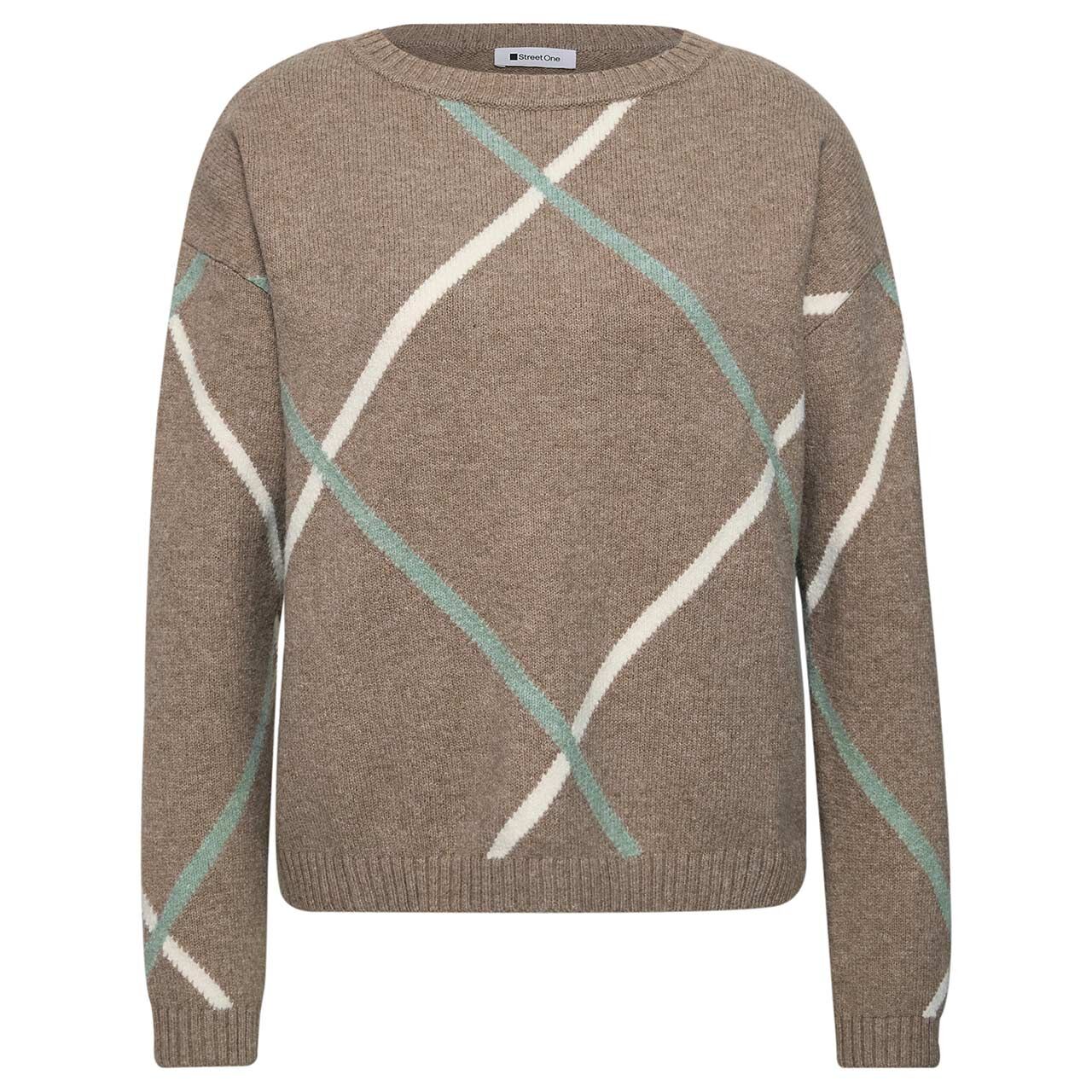 Street One Damen Pullover Cosy Sweater Intarsia sanded amber melange light blue print