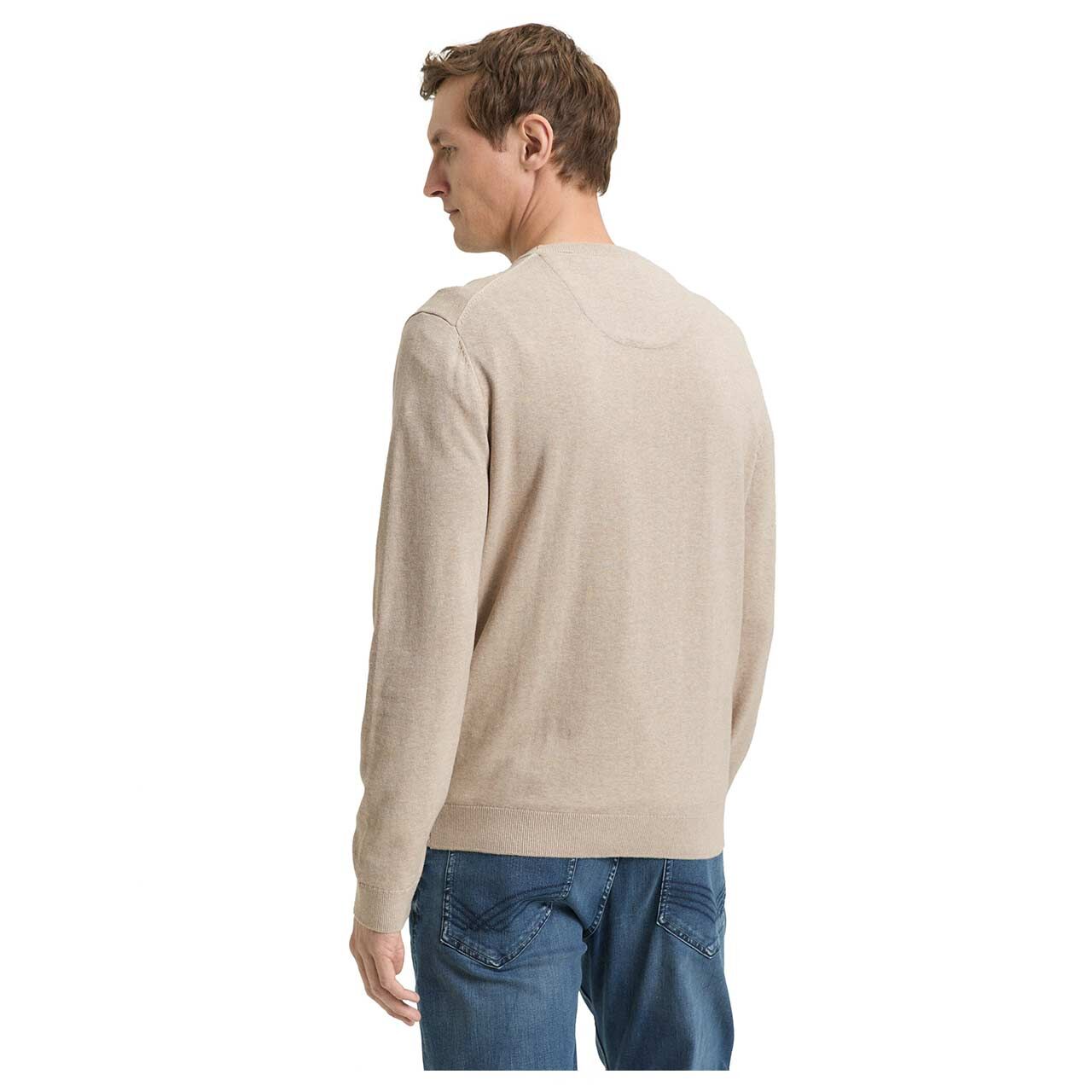 Herren Pullover Basic Crewneck Knit von Tom Tailor in Beige meliert, Rückansicht am Model