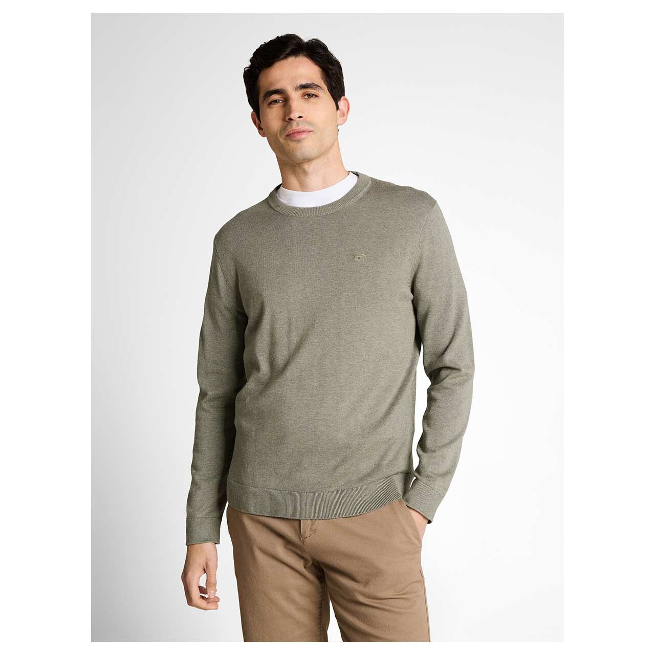 Herren Pullover Basic Crewneck Knit von Tom Tailor in Grün-Grau meliert, Vorderansicht am Model