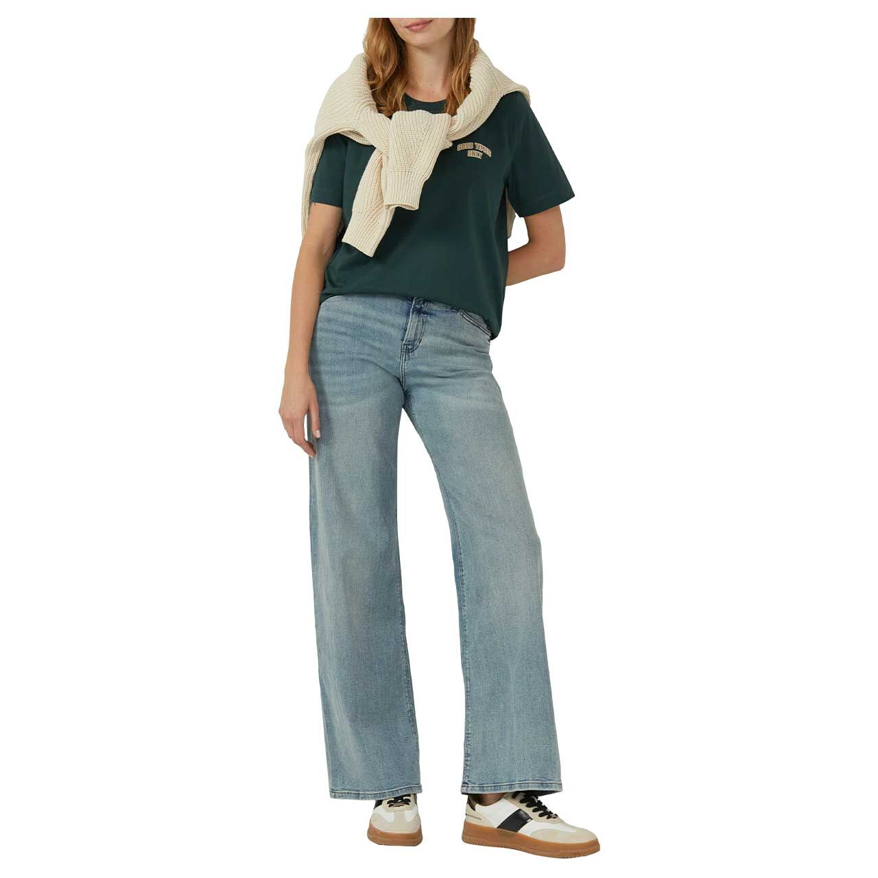 s.Oliver Damen T-Shirt in Grün mit Print, Ganzkörperaufnahme Model