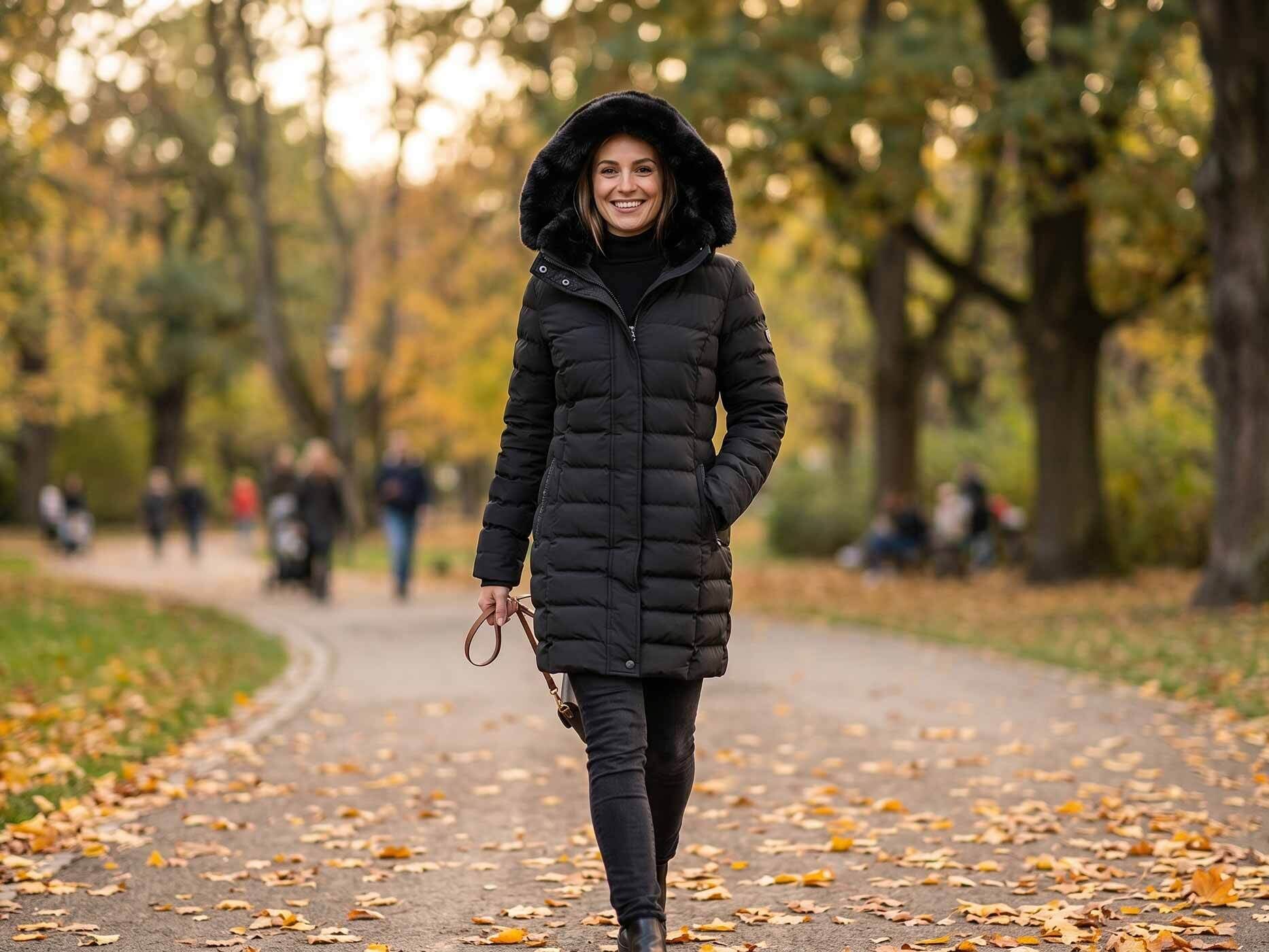 Eine Frau steht auf einem Weg im Park. Sie tr&ouml;gt eine graue Hose und eine schwarze Winterjacke. Die Kapuze mit Fellkragen tr&auml;gt sie auf dem Kopf.