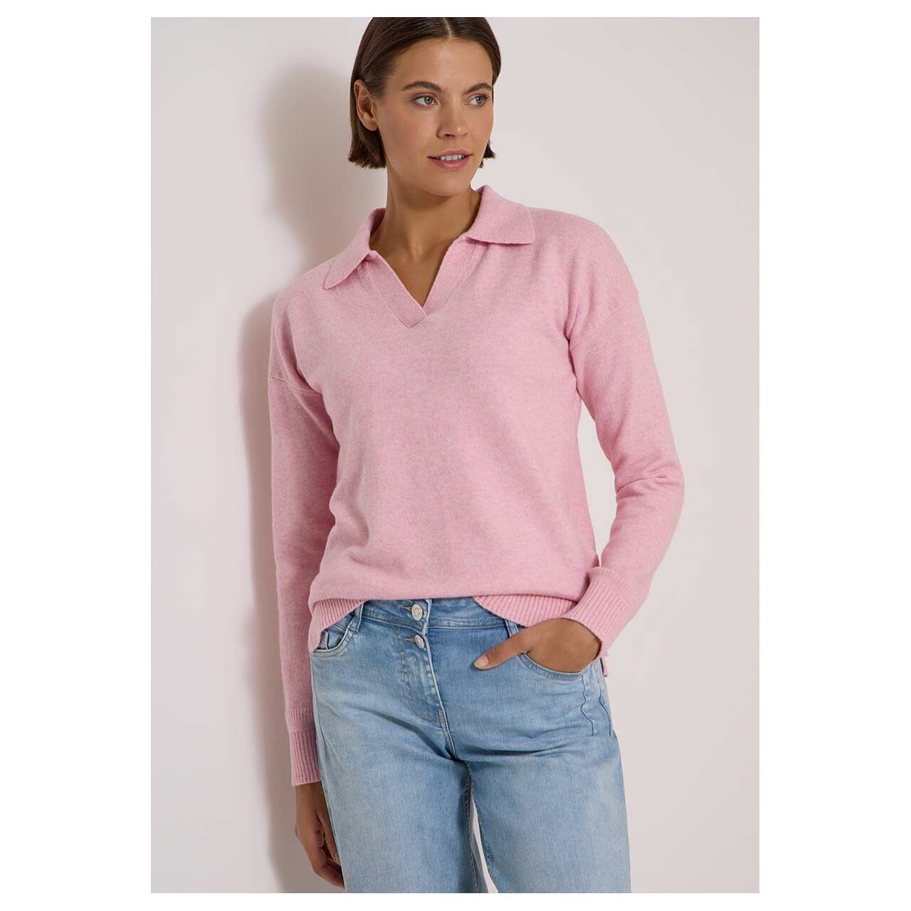 Damen Polo Pullover Cosy von Cecil in Rosa meliert, Vorderansicht am Model