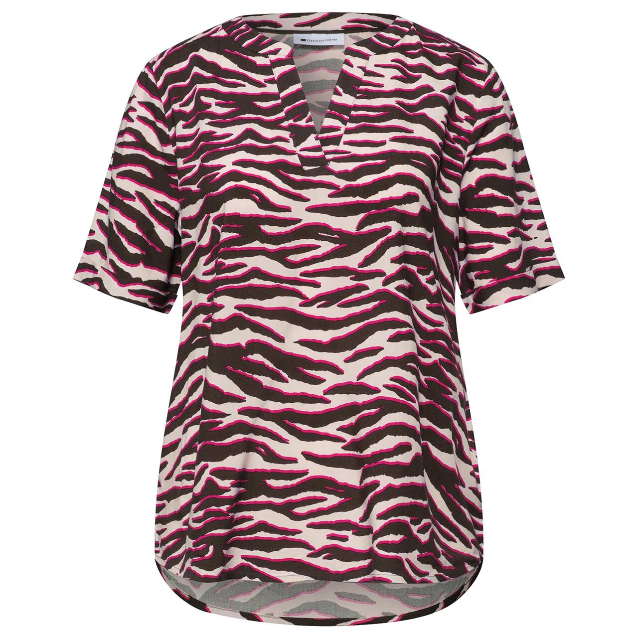 Street One Damen Kurzarm Bluse Splitneck Turn-Up minimal rose print