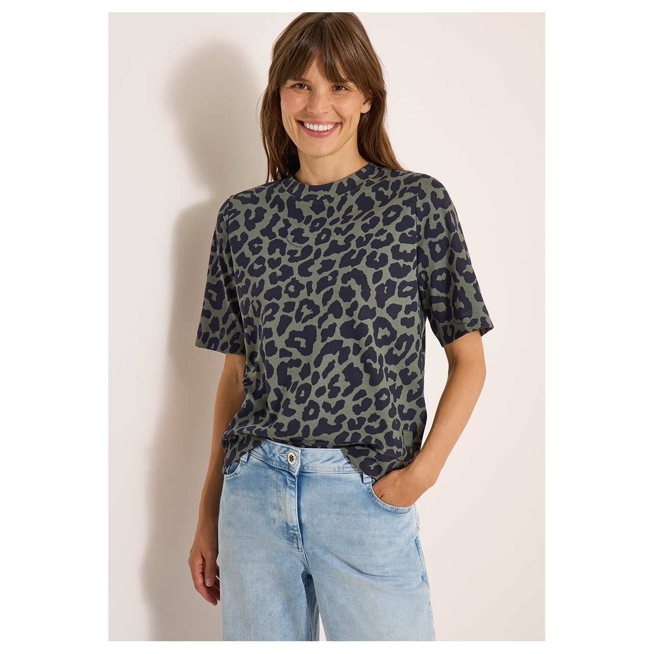 Damen T-Shirt Two-Tone Leo von Cecil in Olivgrün mit Print, Vorderansicht am Model