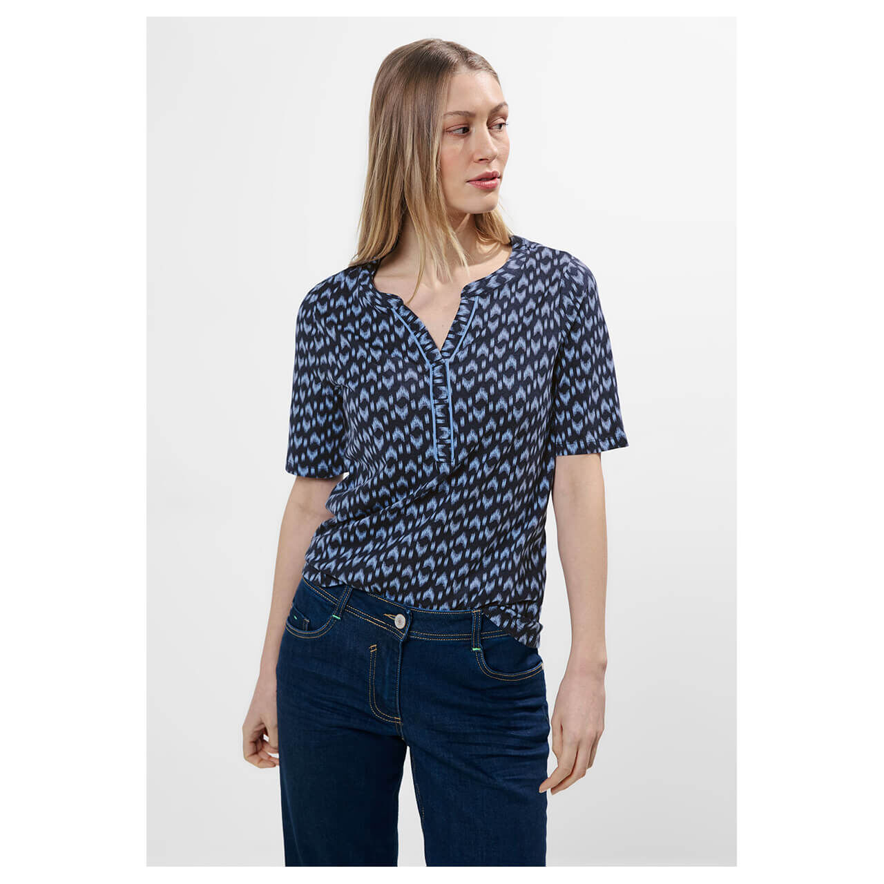 Cecil Damen T-Shirt Minimal Tunic Splitneck universal blue printed