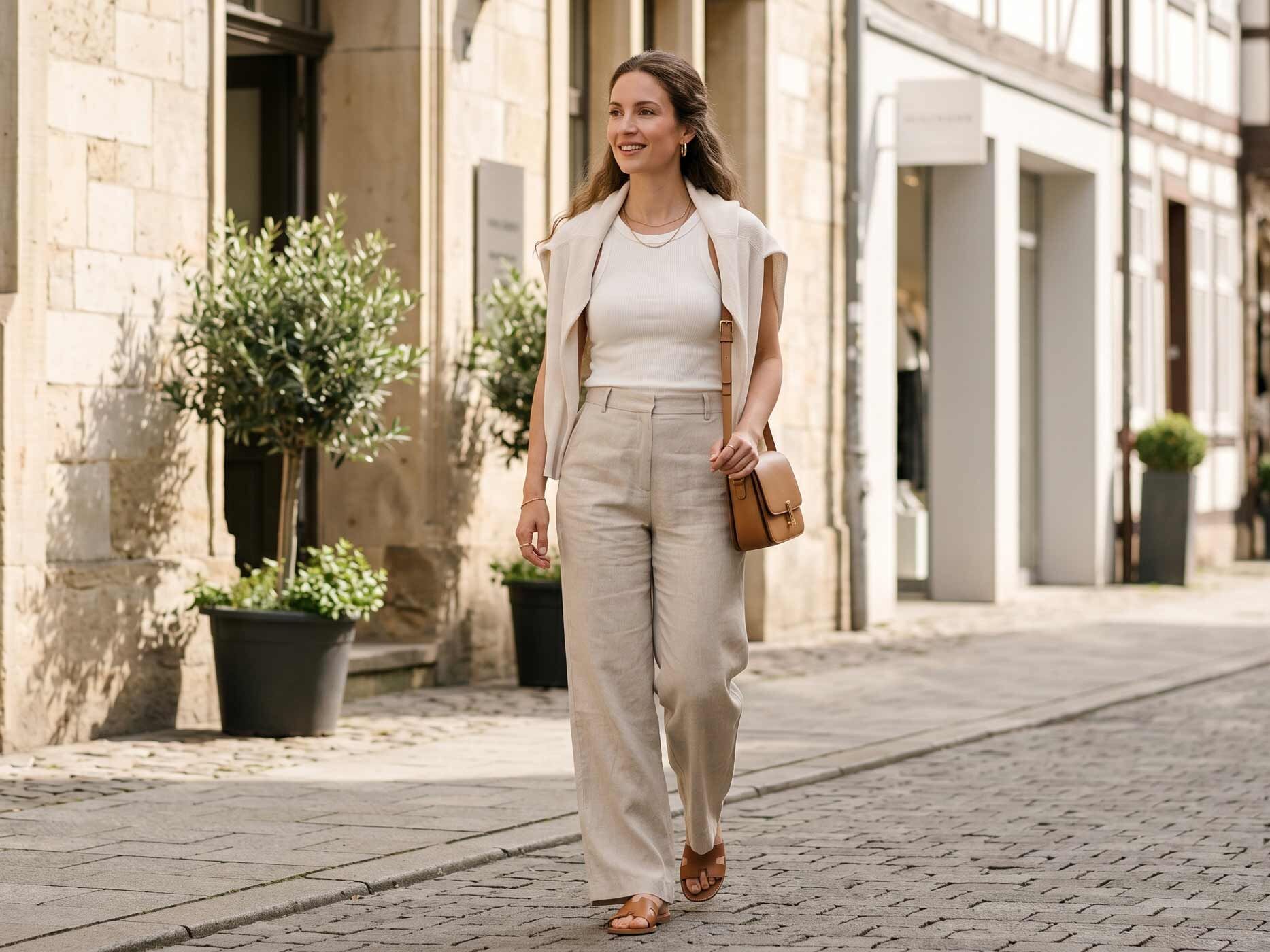 Eine Frau trägt eine beige Leinenhose mit weitem Bein, ein helles ärmelloses Oberteil und eine locker über die Schultern gelegte Strickjacke. Die Kombination wirkt leicht, elegant und betont die natürliche Struktur der Leinenhose.